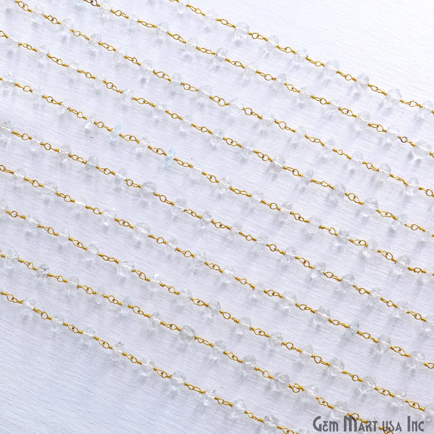 White Topaz Faceted 5-6mm Gold Wire Wrapped Beads Rosary Chain