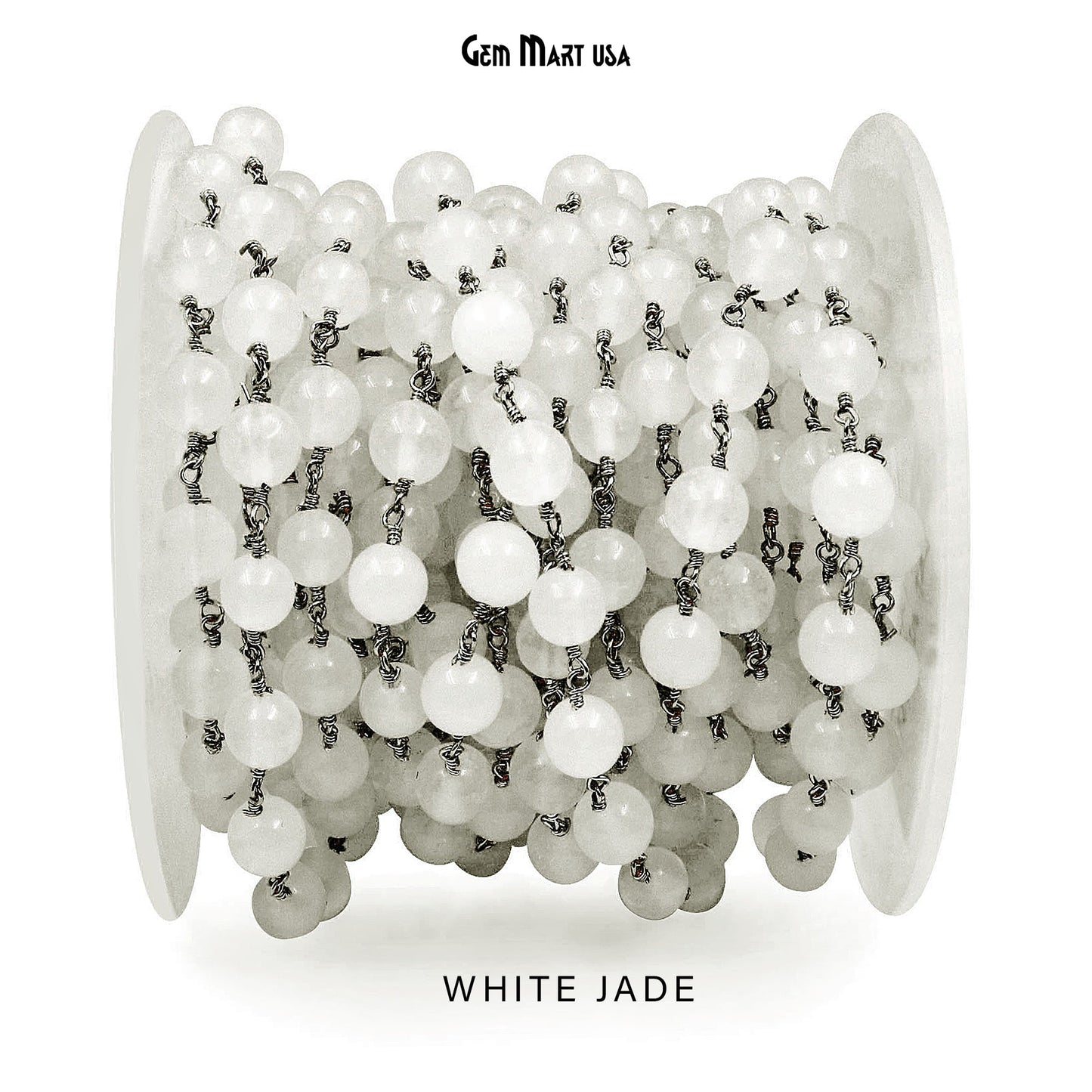 Dyed Jade Bead Faceted Crystal Round Rosary Chain Black Plating, 8mm, 1+ ft