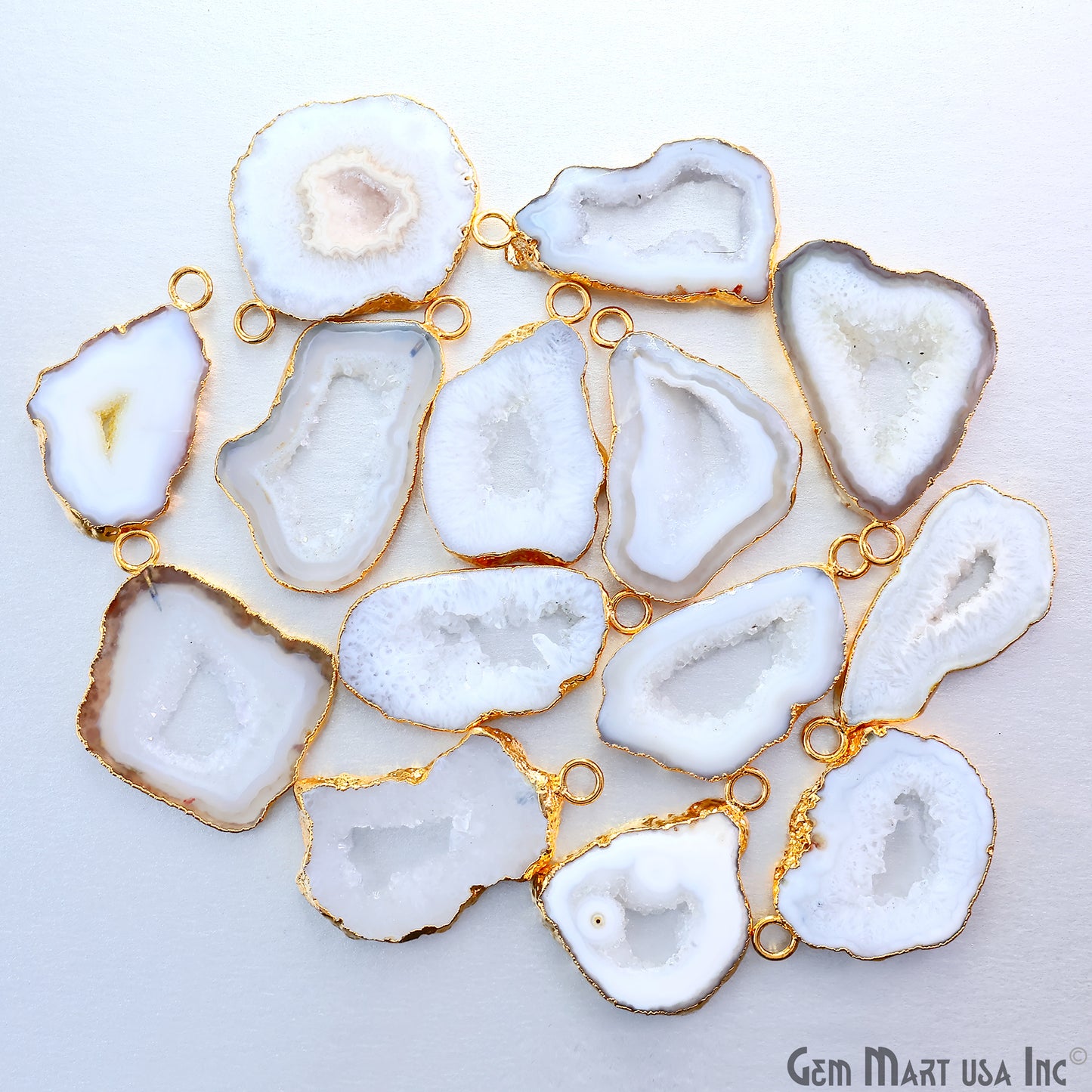 White Agate Geode Druzy 1-2 Inch Single Bail Gold Electroplated Gemstone Connector