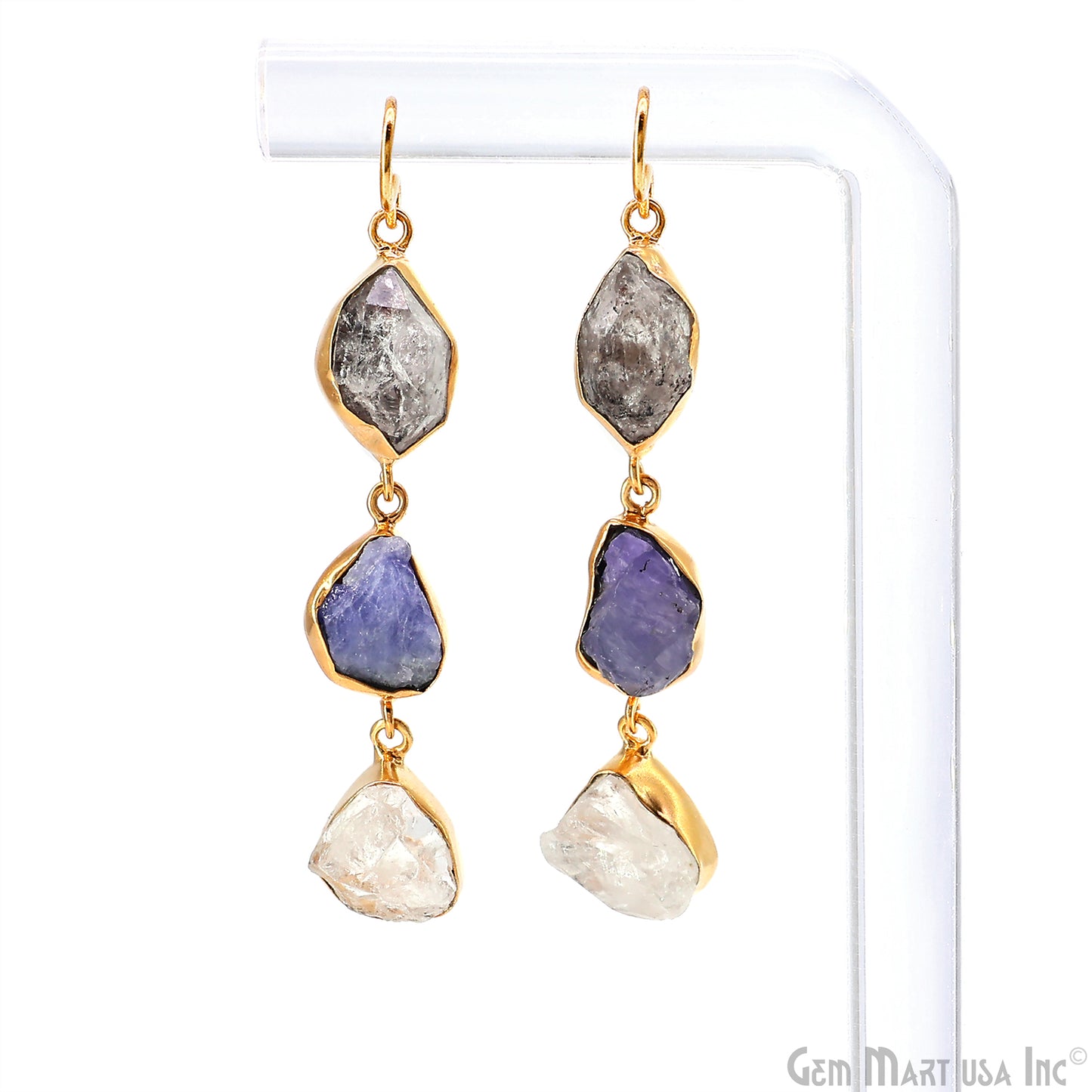 Rough Gemstone Bezel Setting 58x10mm Gold Plated Long Dangle Earring Pair Connectors