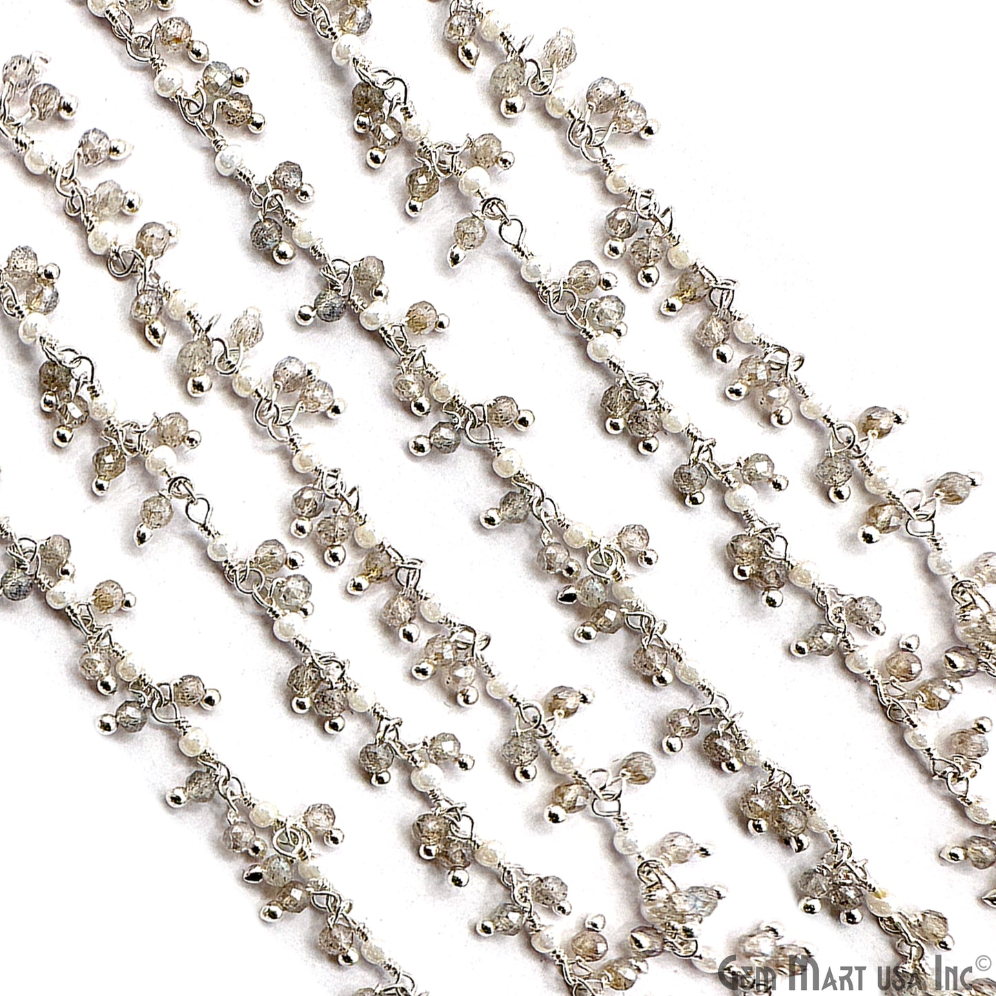 Labradorite & Synthetic Pearl Faceted Beads Silver Plated Wire Wrapped Rosary Chain