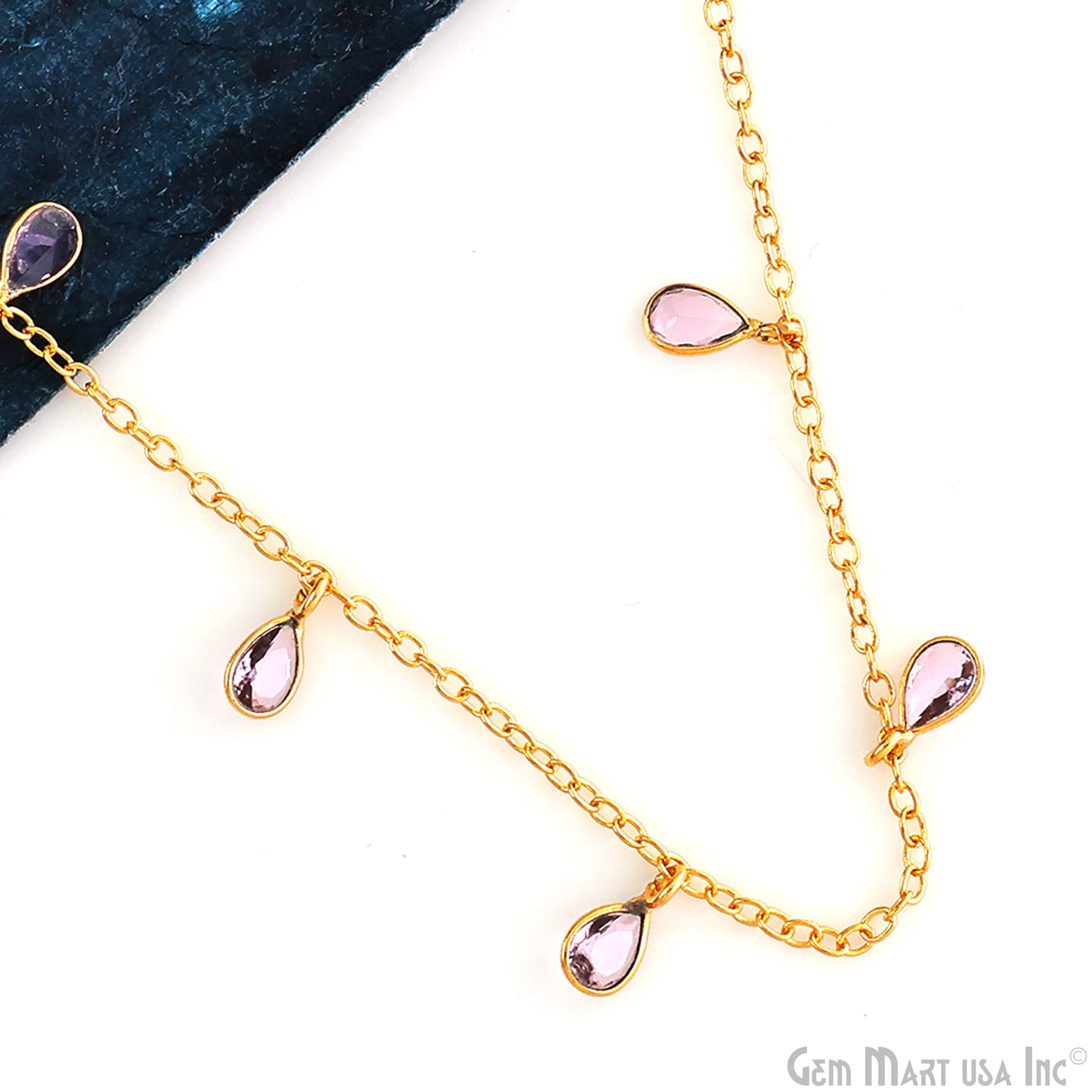 Morganite Pear Bezel 5x4mm Gold Plated Bezel Dangle Connector Chain