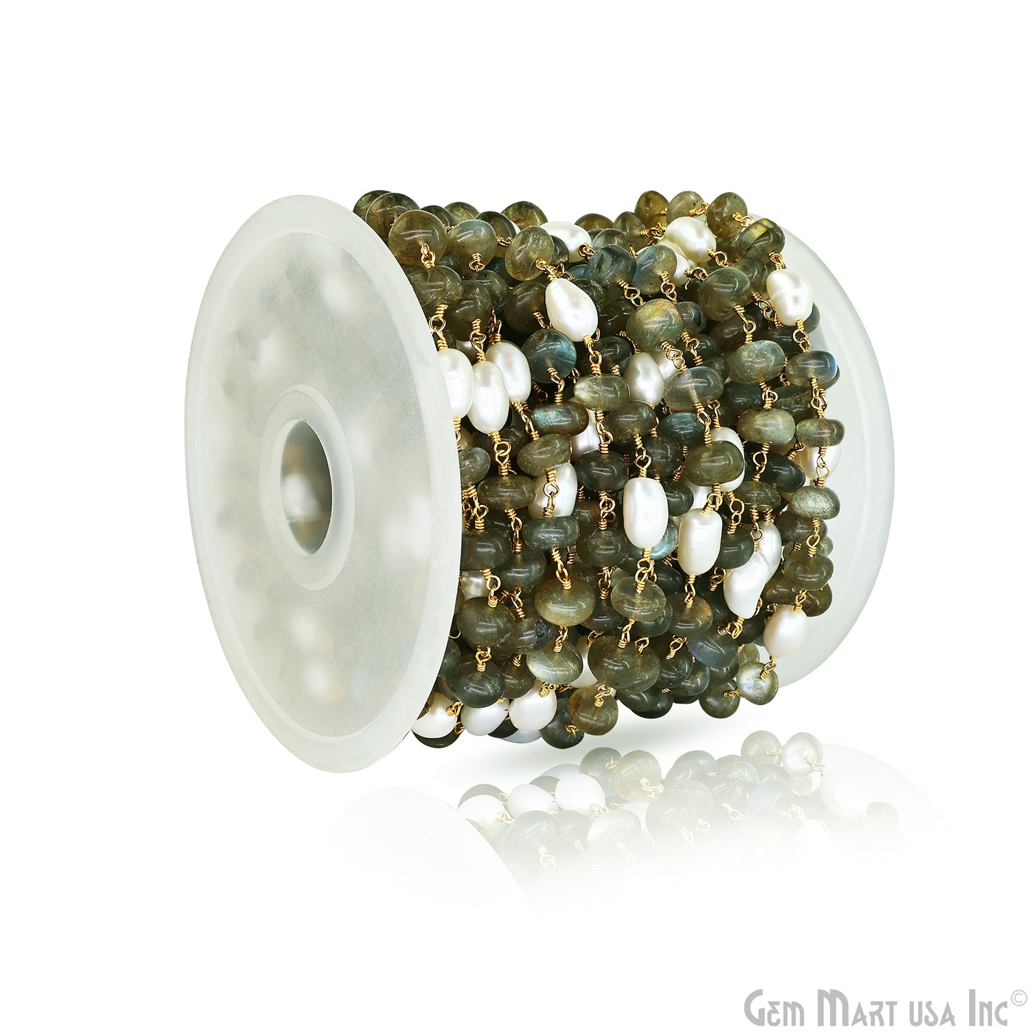 Labradorite Cabochon With Pearl Gold Wire Wrapped Rosary Chain