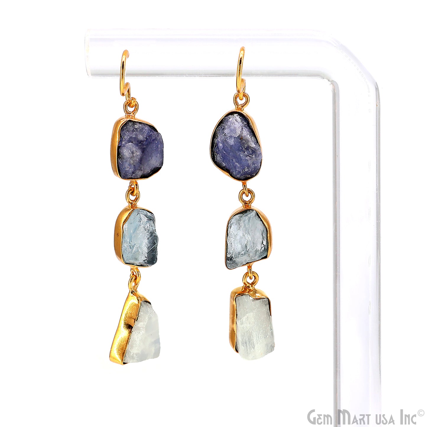 Rough Gemstone Bezel Setting 53x8mm Gold Plated Long Dangle Earring Pair Connectors