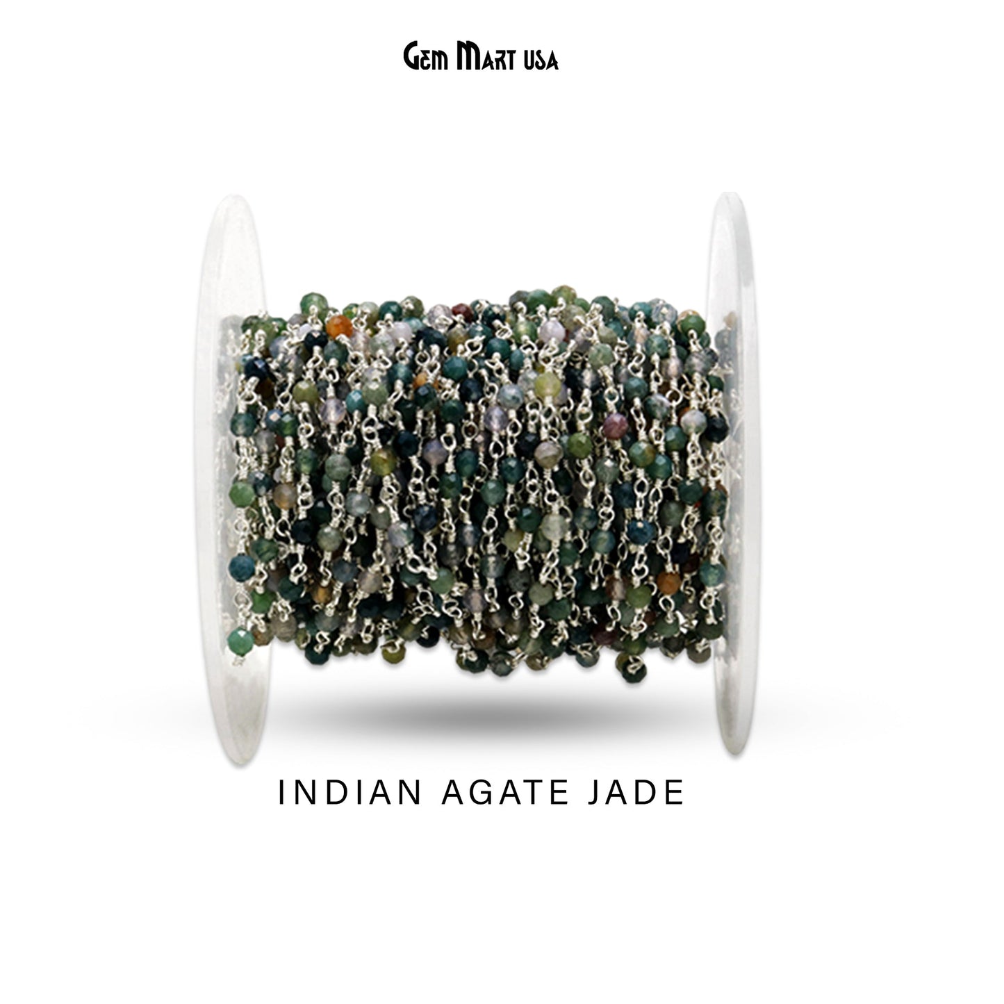 Dyed Jade Bead Faceted Crystal Round Rosary Chain, Silver/Black/Gold Plating, 3-3.5mm, 1+ ft