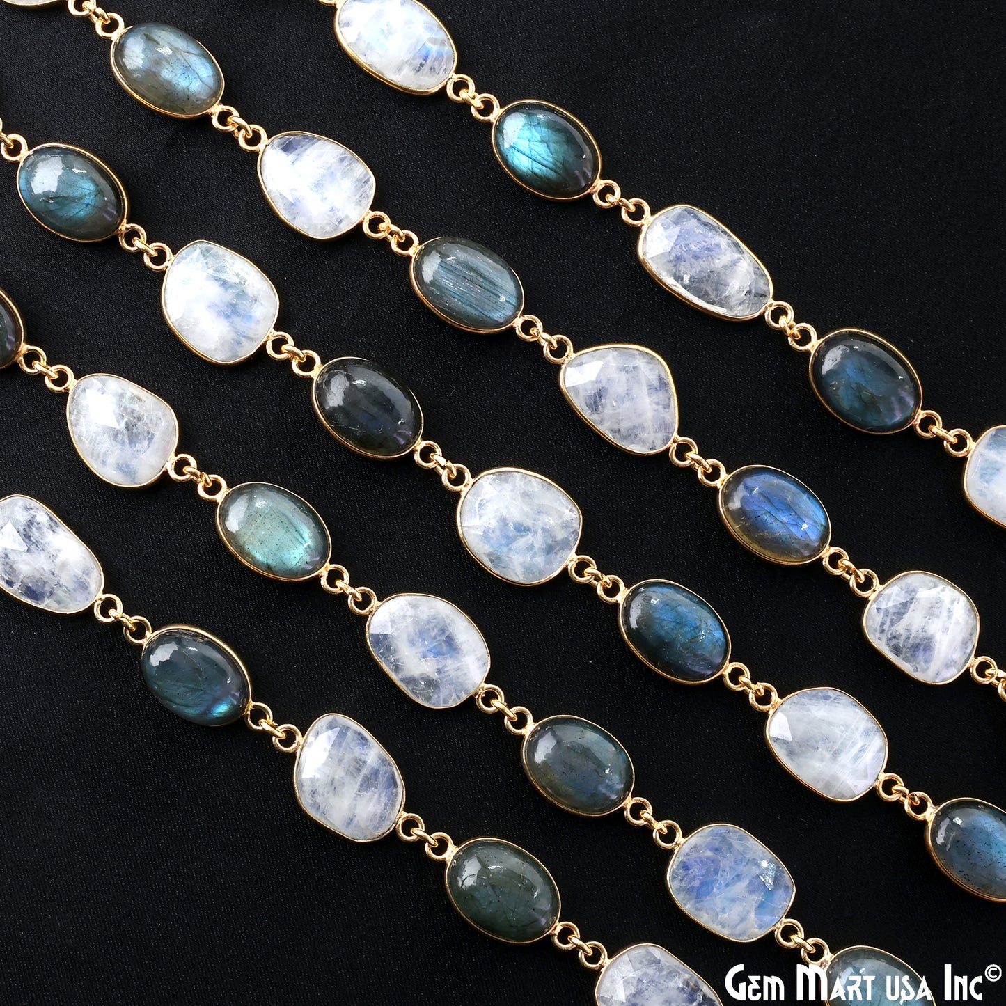 Rainbow Moonstone 10-15mm Faceted & Labradorite Oval 10x14mm Cabochon Bezel Link Connector Chain
