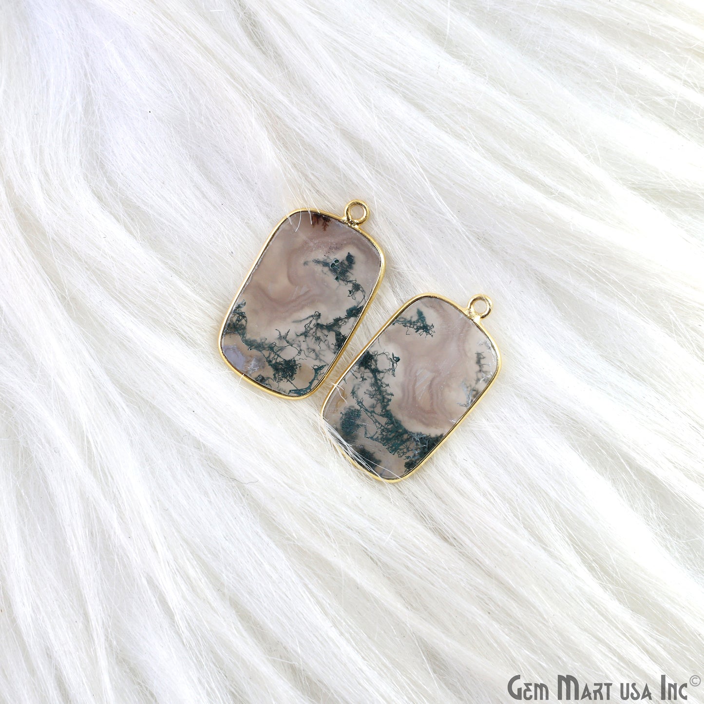 Moss Agate Octagon Gold Plated Single Bail Bezel Smooth Slab Slice Thick Gemstone Connector 30x17mm 1 Pair