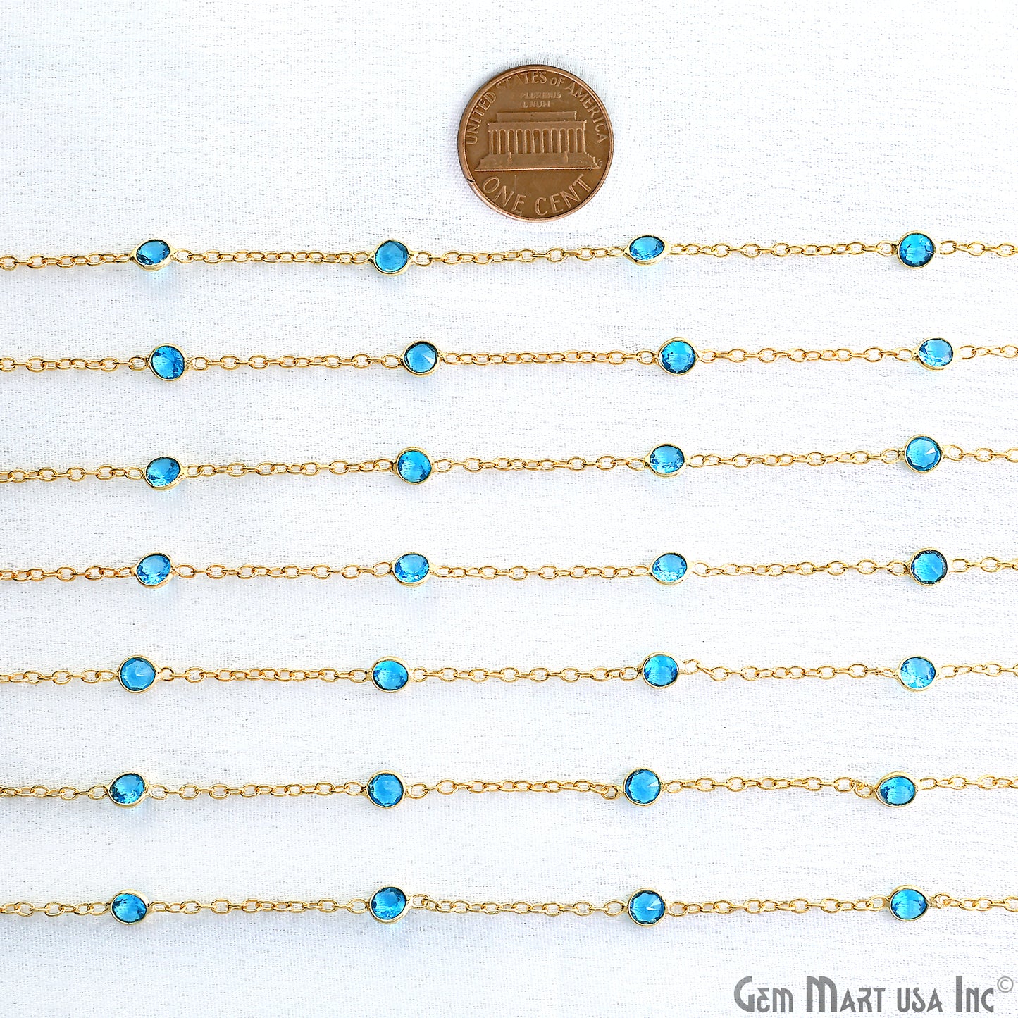 Swiss Blue Topaz Round 4mm Gold Plated Bezel Connector Rosary Chain