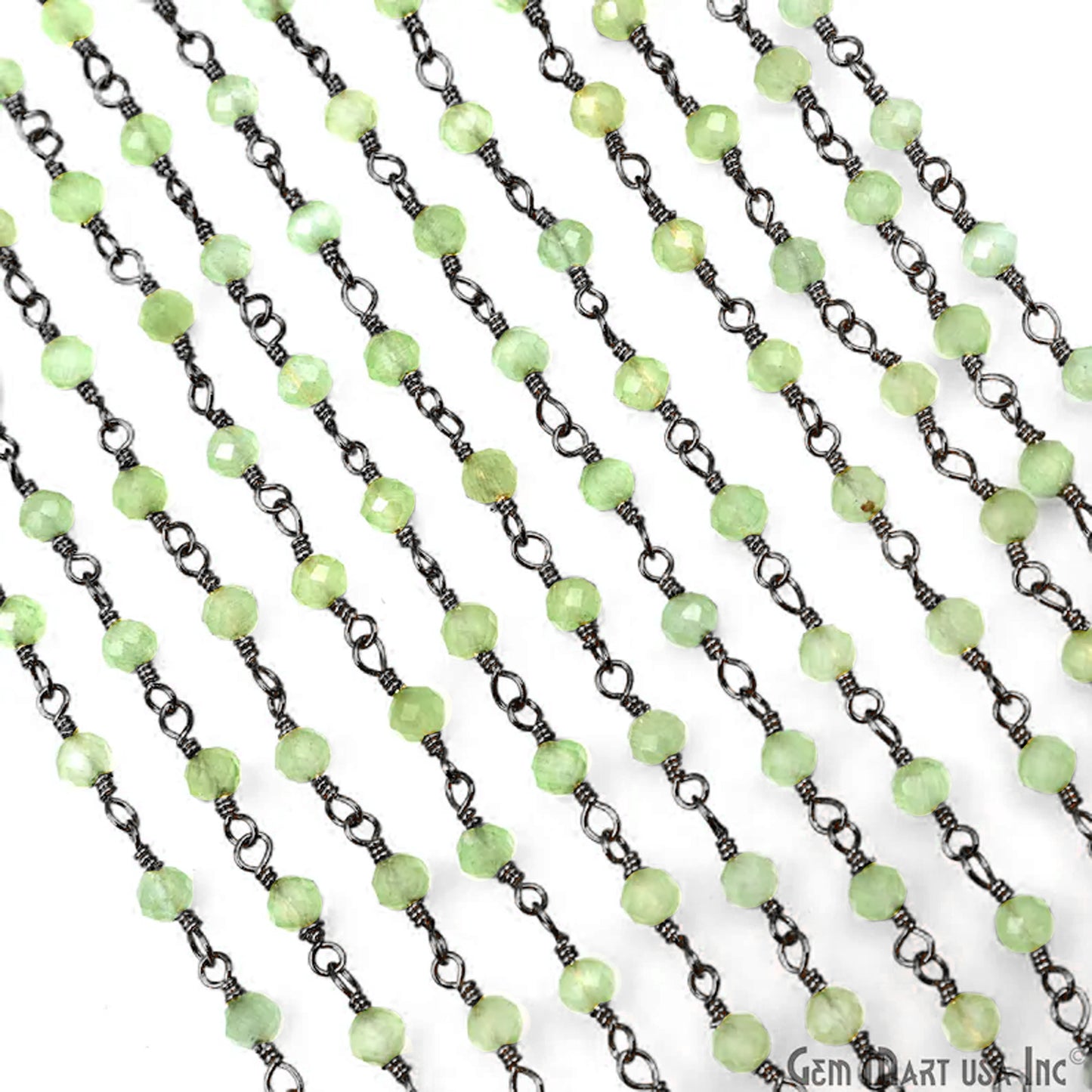 Green Monalisa 3-3.5mm Beads Black Plated Wire Wrapped Rosary Chain