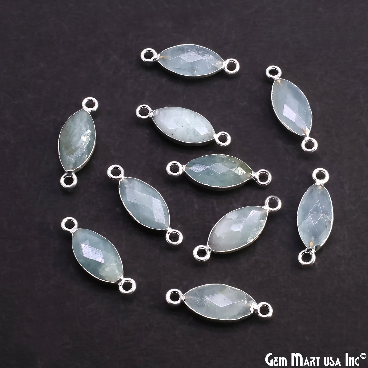 Aquamarine 8x16mm Marquise Double Bail Silver Electroplated Gemstone Connector