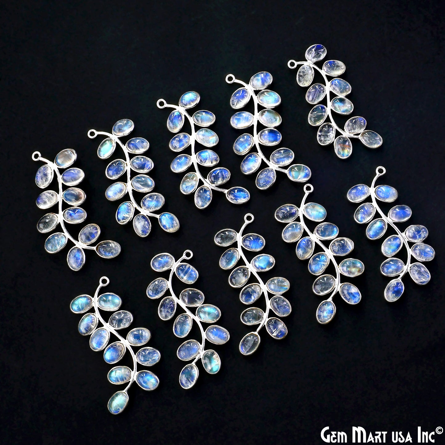 Rainbow Moonstone Silver Plated 44x16mm Leaf Dangle Finding Component