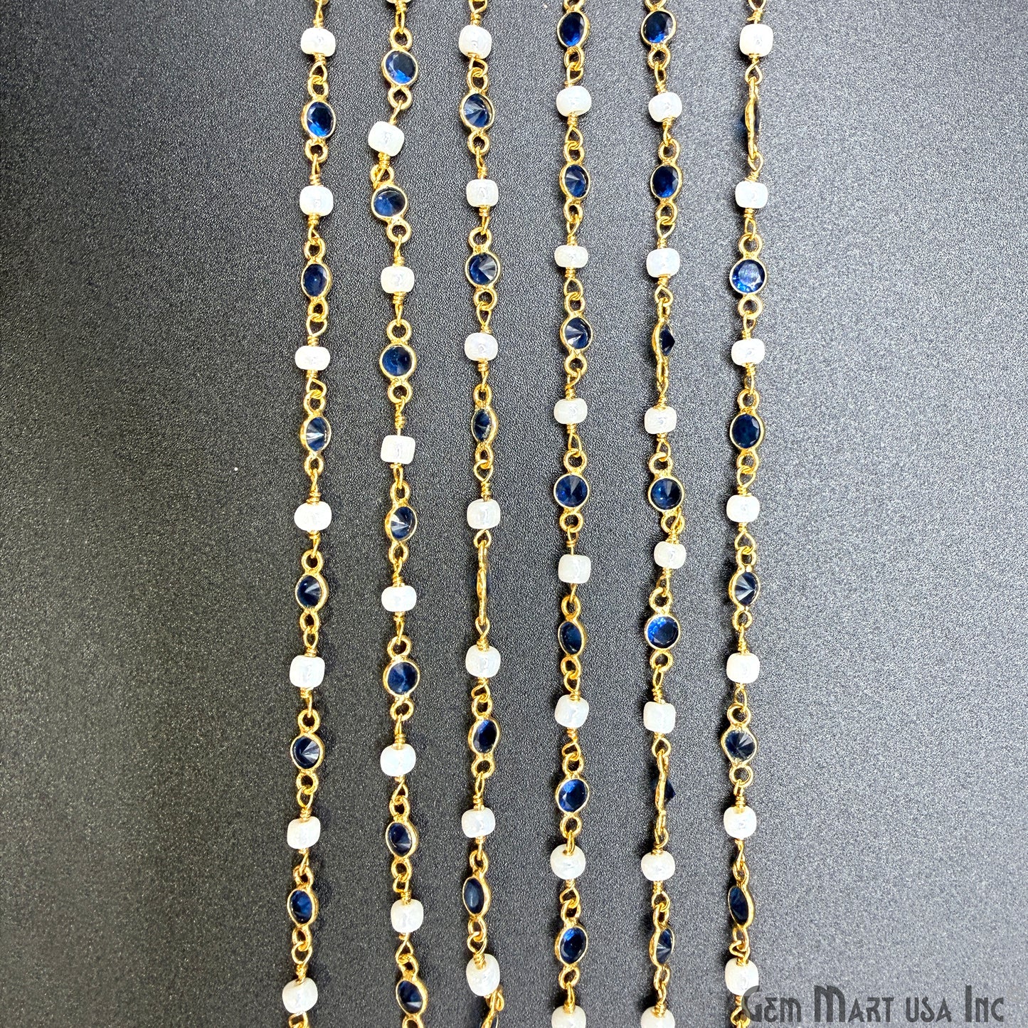 Sapphire & Pearl Beads Gold Plated Round Shape Bezel Link Continuous Connector Chain