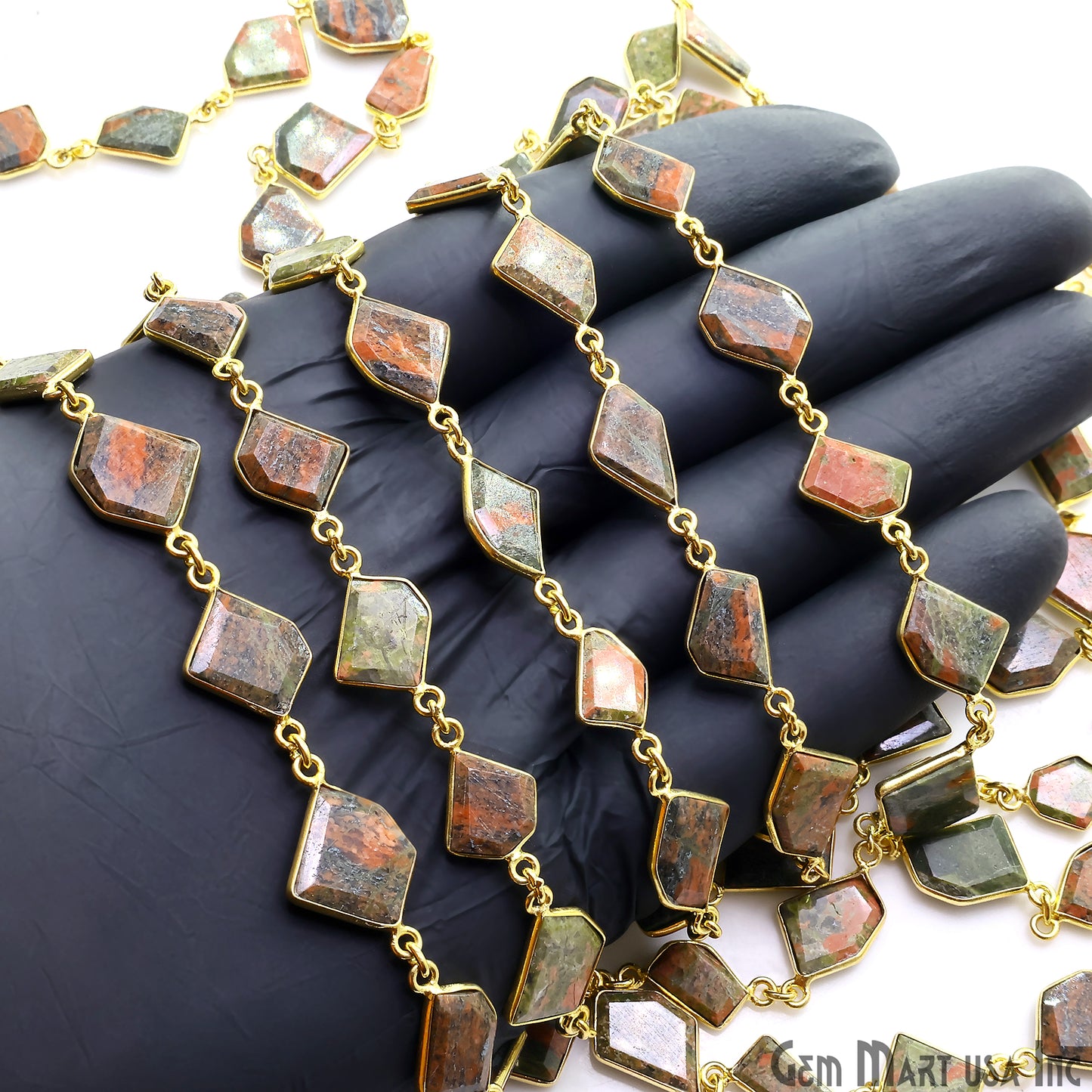 Unakite 10-15mm Faceted Free Form Gold Plated Bezel Connector Link Chain