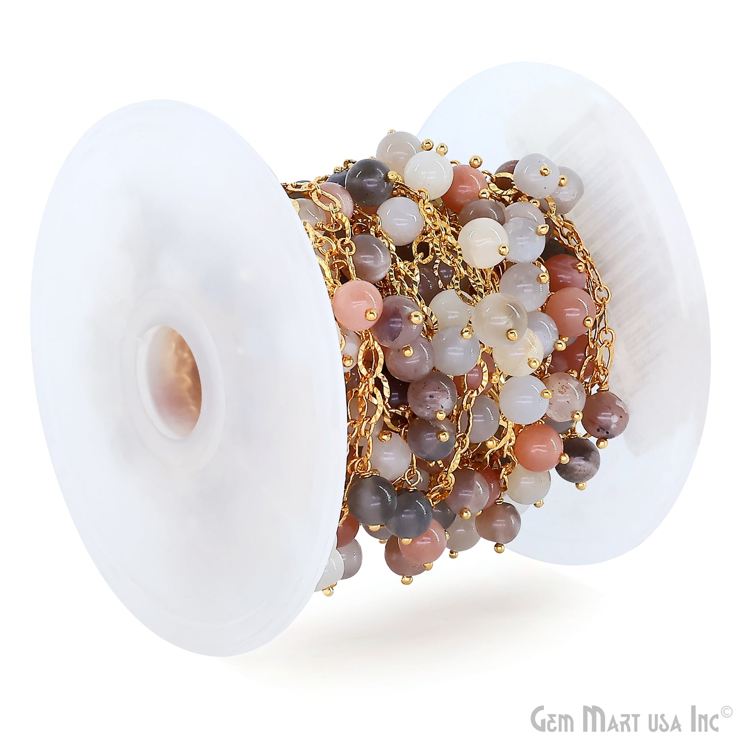 Multi Moonstone Cabochon Round Beads 5-6mm Gold Wire Wrapped Dangle Rosary Chain