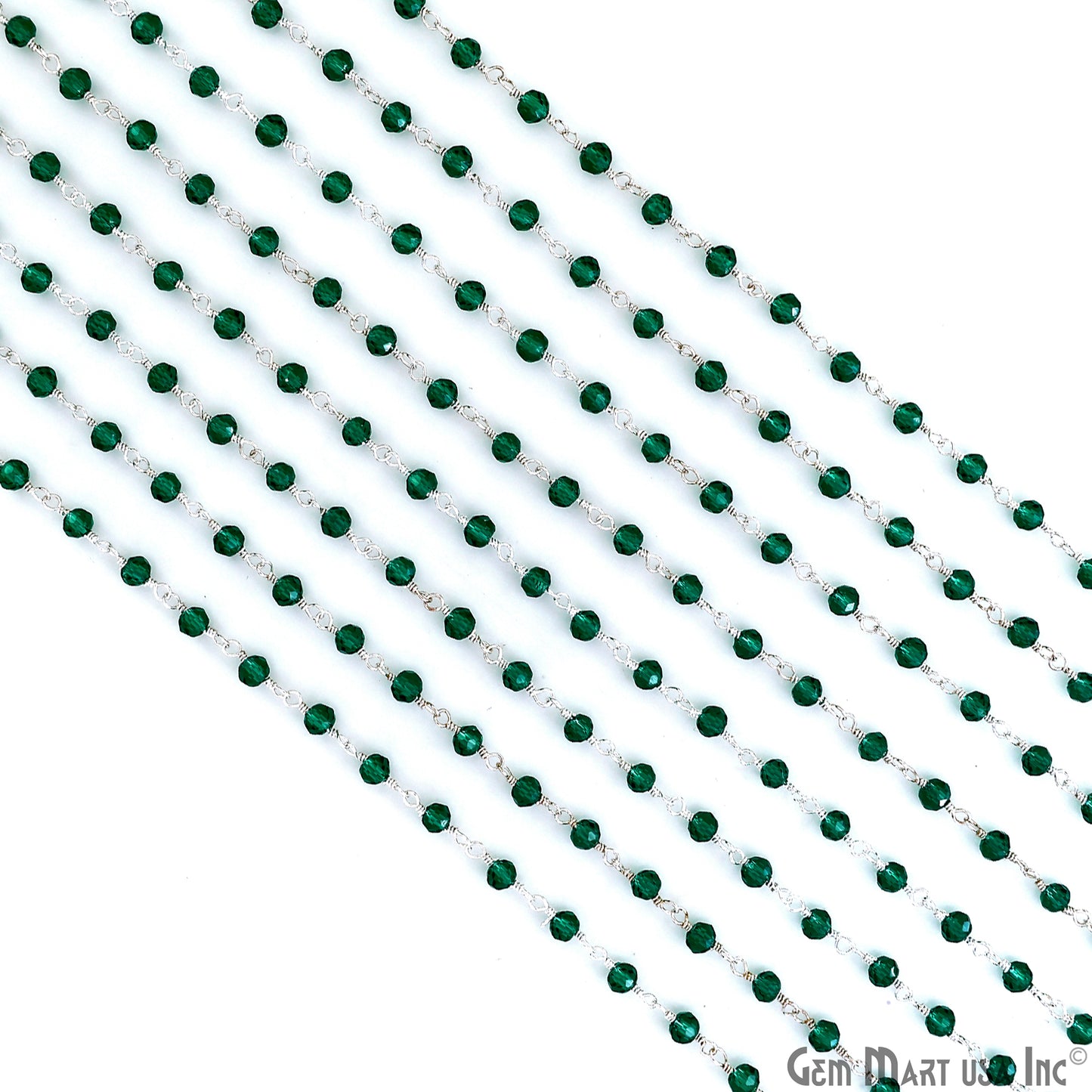 Green Zircon 3-3.5mm Faceted Beads Silver Wire Wrapped Rosary Chain