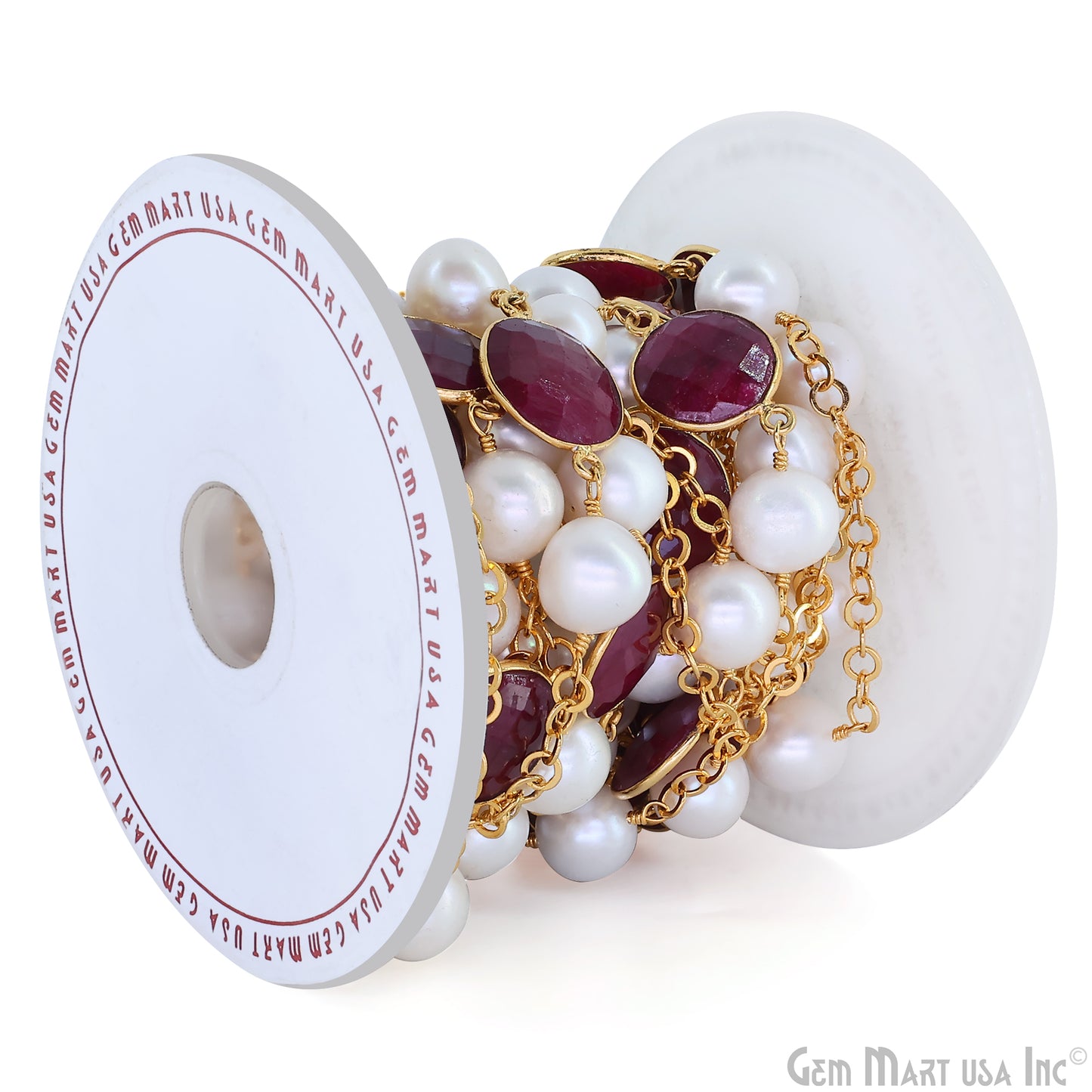 Ruby And Pearl Beads Gold Plated Round Shape Bezel Link Continuous Connector Chain
