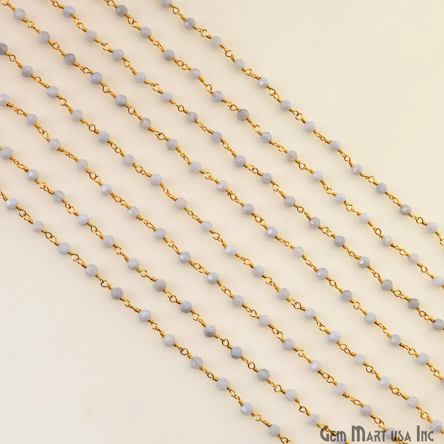 Blue Lace Agate 3-3.5mm Gold Plated Beaded Wire Wrapped Rosary Chain
