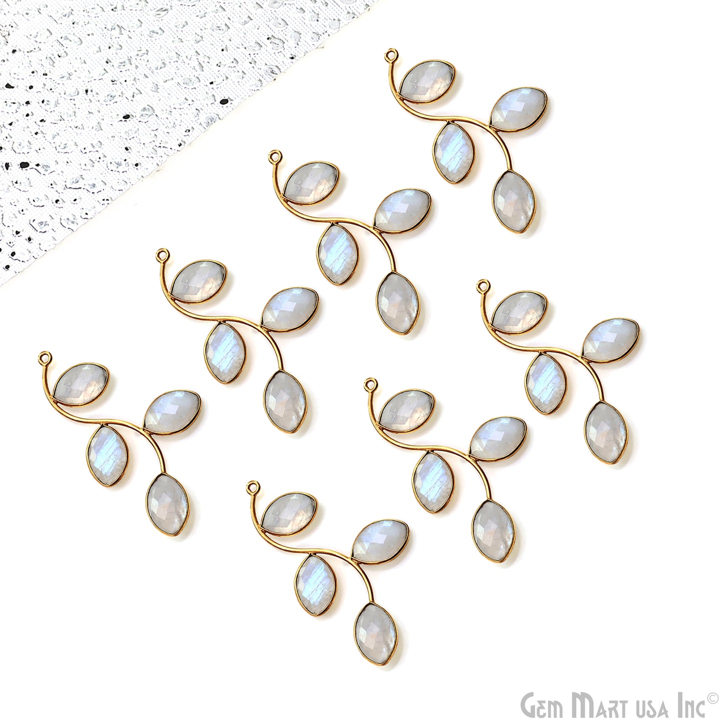 Rainbow Moonstone Gold Plated 48x29mm Leaf Dangle Finding Component