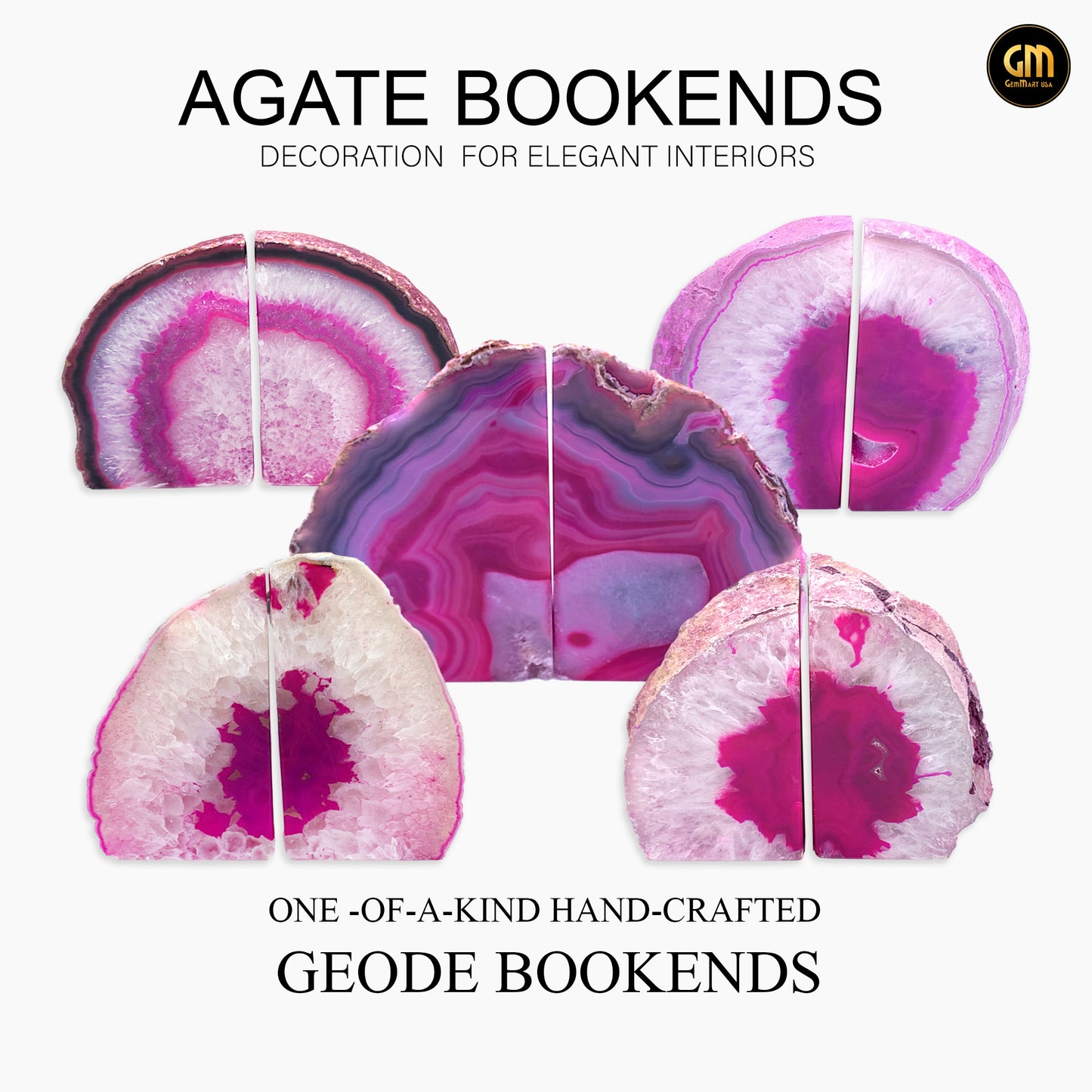 Pink Agate Bookend Pair, Natural Geode Bookend, Healing Crystal Bookend Set, Home Decor. *Ships Free