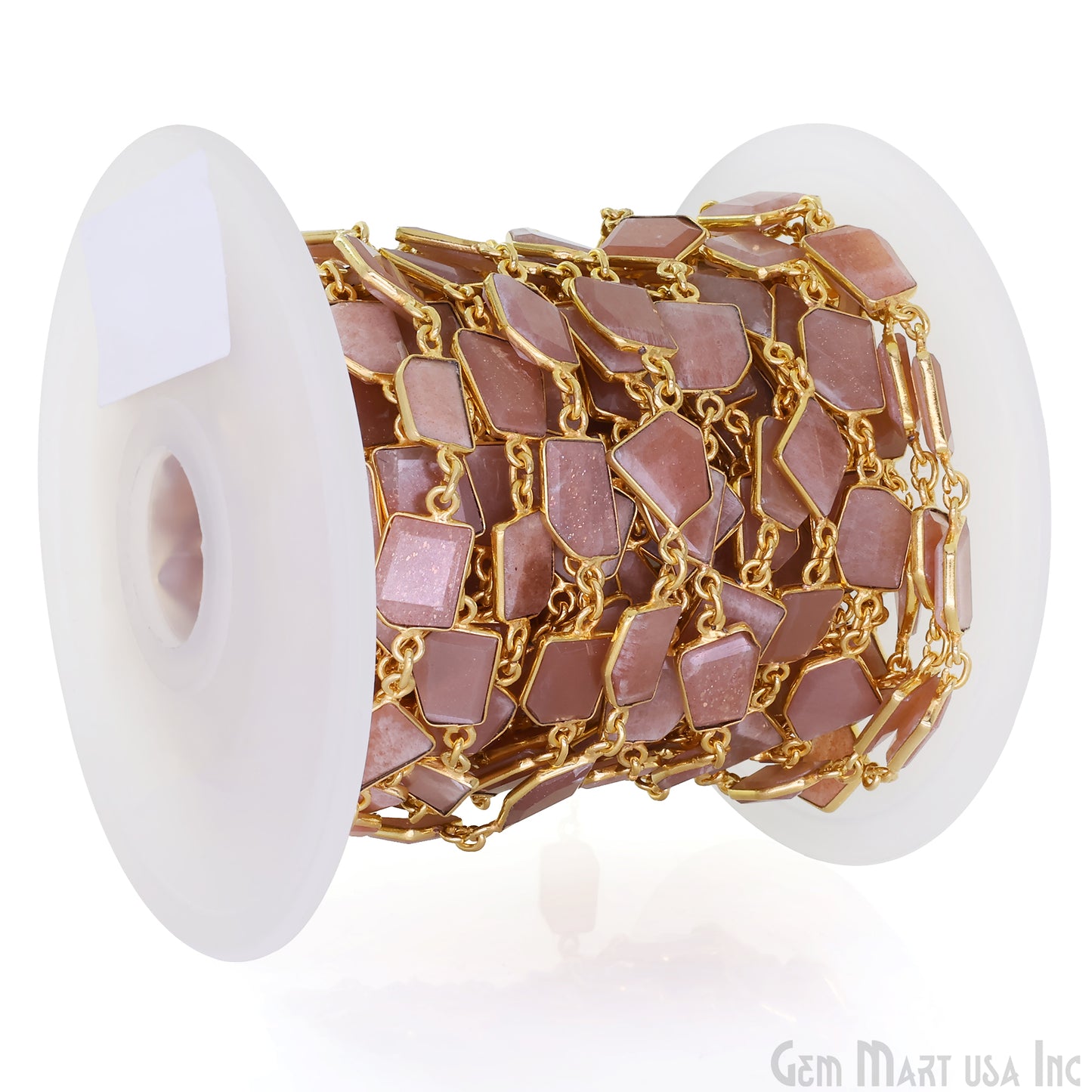 Peach Moonstone 10mm Faceted Free Form Gold Plated Bezel Connector Link Chain