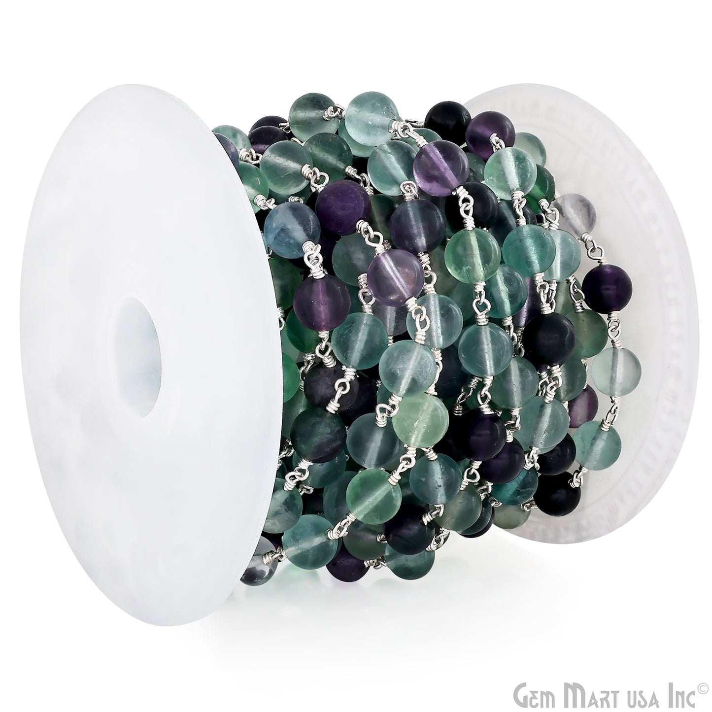 Fluorite 8mm Cabochon Beads Silver Wire Wrapped Rosary Chain