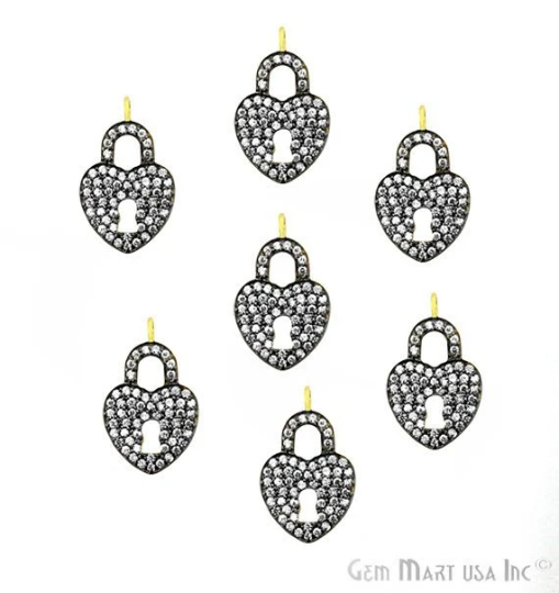 Heart Shape Lock Cubic Zircon Pave Gold Vermeil Charm For Bracelet & Pendants