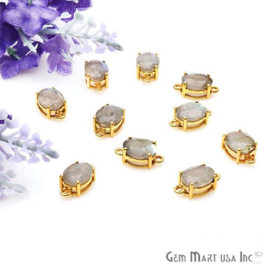 Labradorite Faceted Oval 7x9mm Prong Gold Plated Double Bail Connector