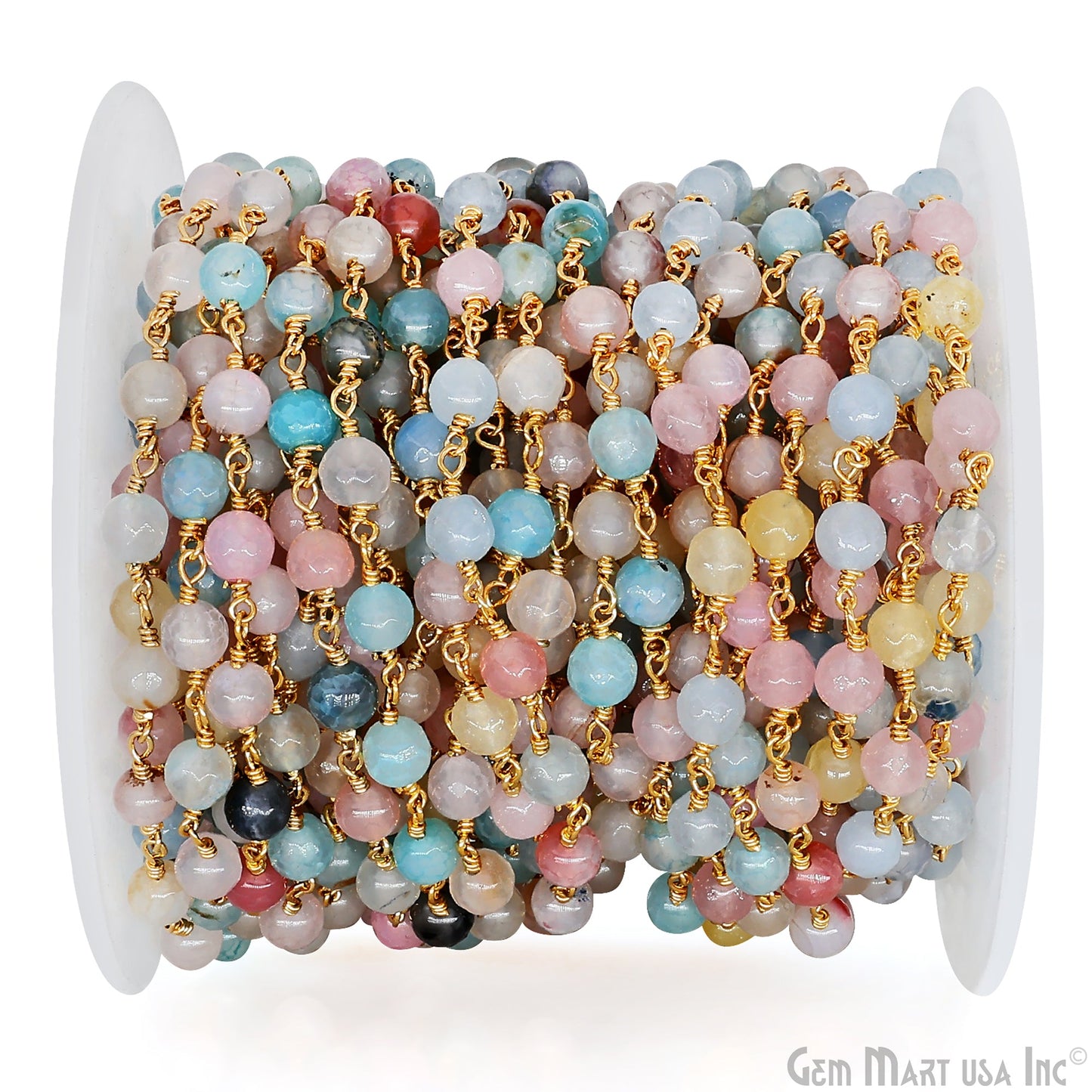 Dyed Jade Bead Faceted Crystal Round Rosary Chain Gold Plating, 5-6mm, 1+ ft