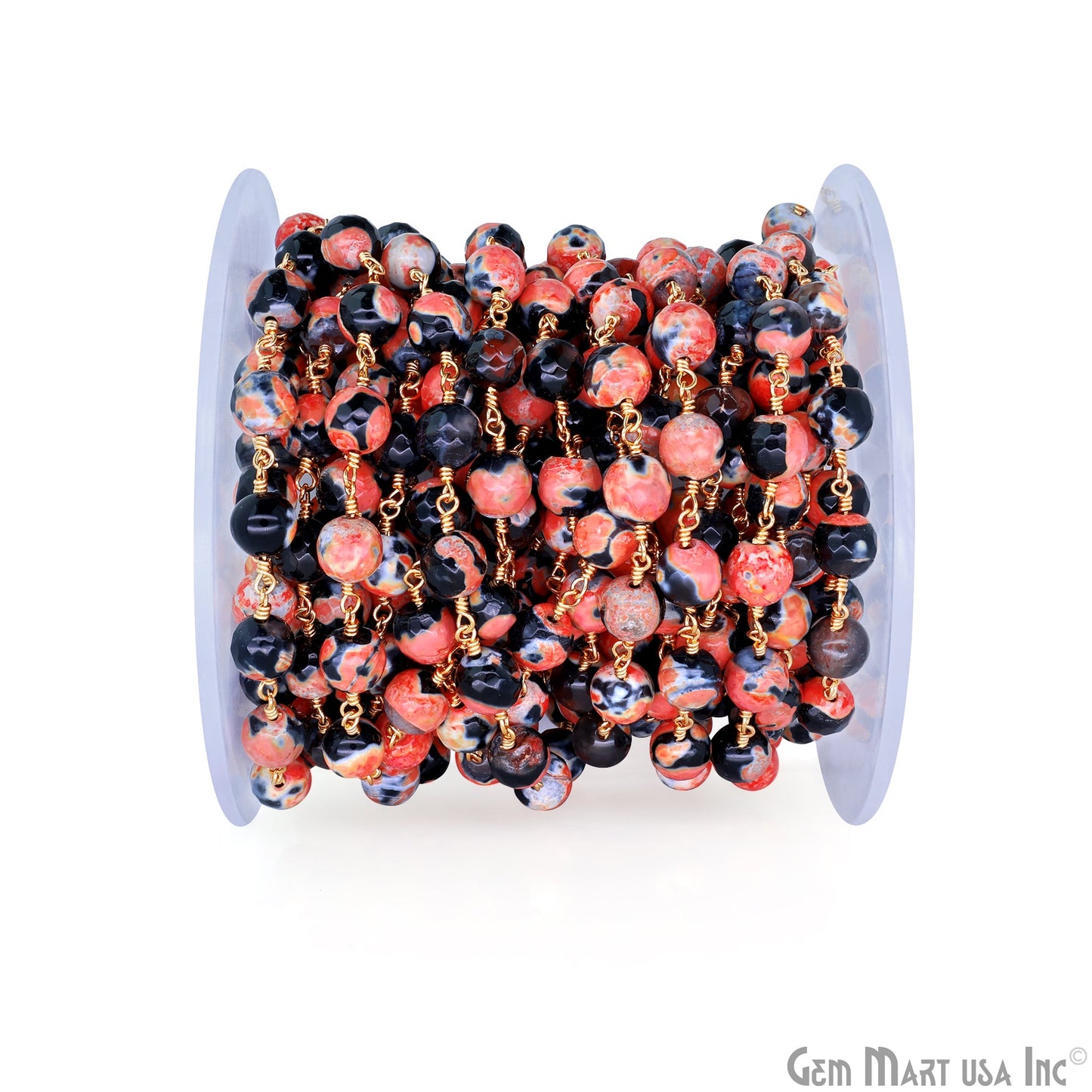 Dyed Jade Bead Faceted Crystal Round Rosary Chain Gold Plating, 8mm, 1+ ft