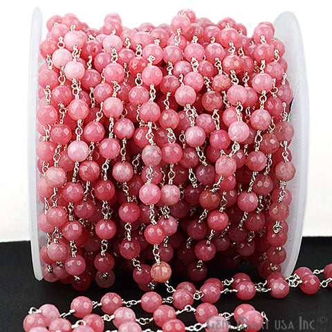 Dyed Jade Bead Faceted Crystal Round Rosary Chain Silver Plating, 5-6mm, 1+ ft