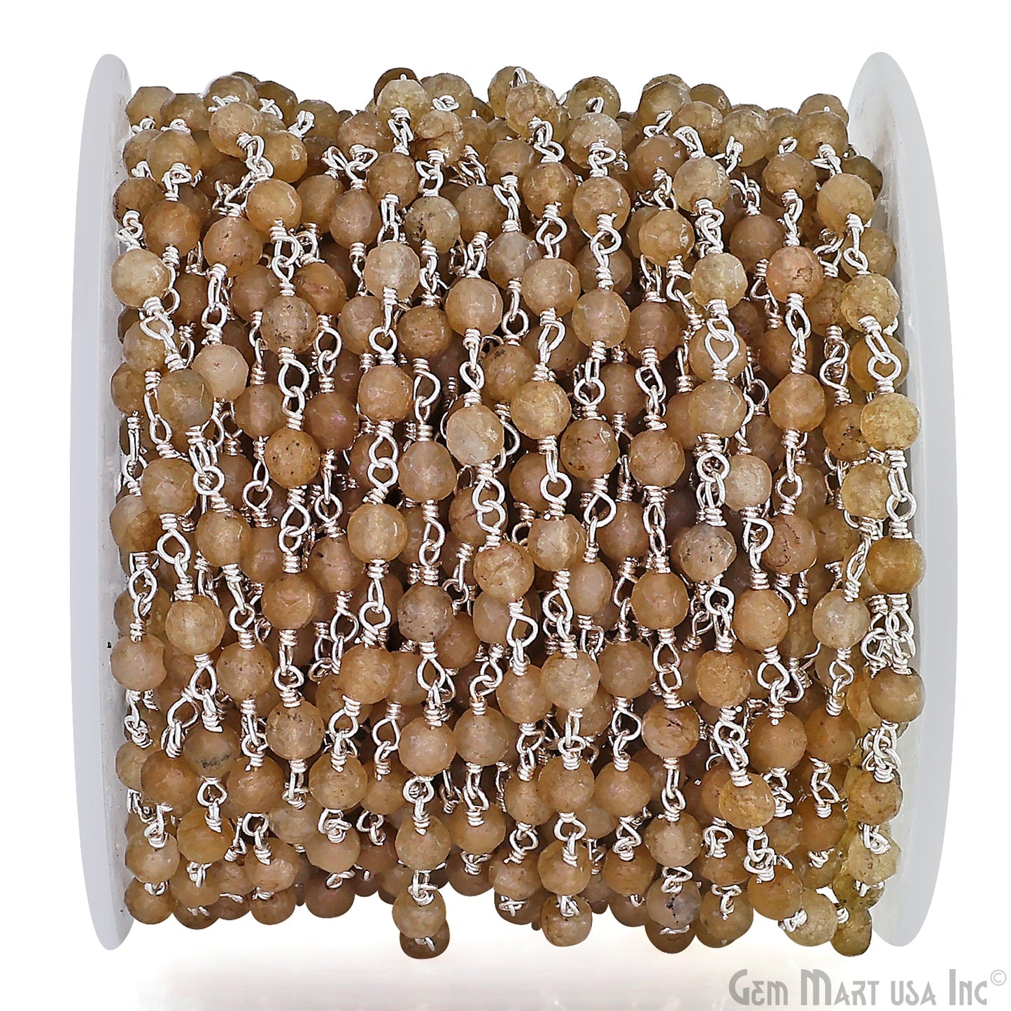 Dyed Jade Bead Faceted Crystal Round Rosary Chain Silver Plating, 4mm, 1+ ft