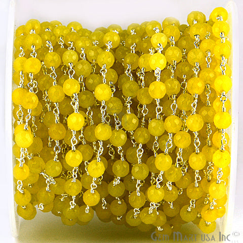 Dyed Jade Bead Faceted Crystal Round Rosary Chain Silver Plating, 5-6mm, 1+ ft