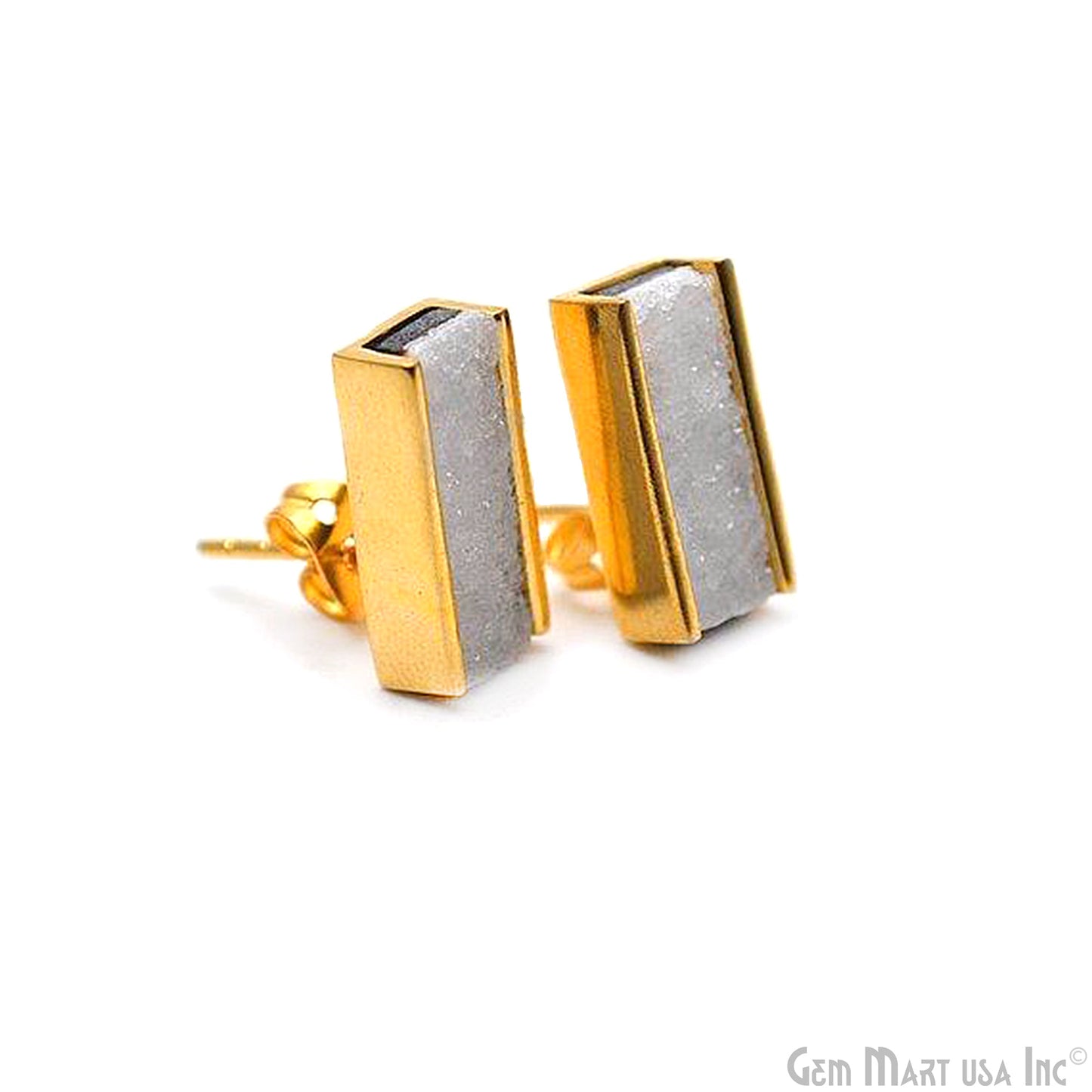 Rectangle Shape 15x7mm Gold Plated Gemstone Druzy Stud Earrings