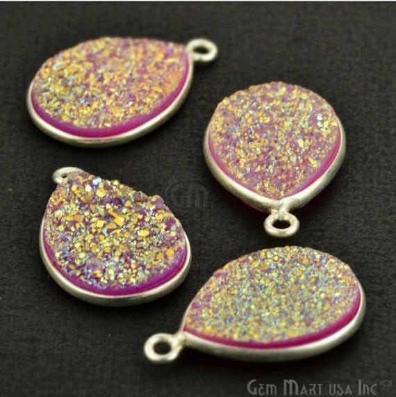 Clearance Titanium Druzy 12x16mm Pears Silver Single Bail Gemstone Connector