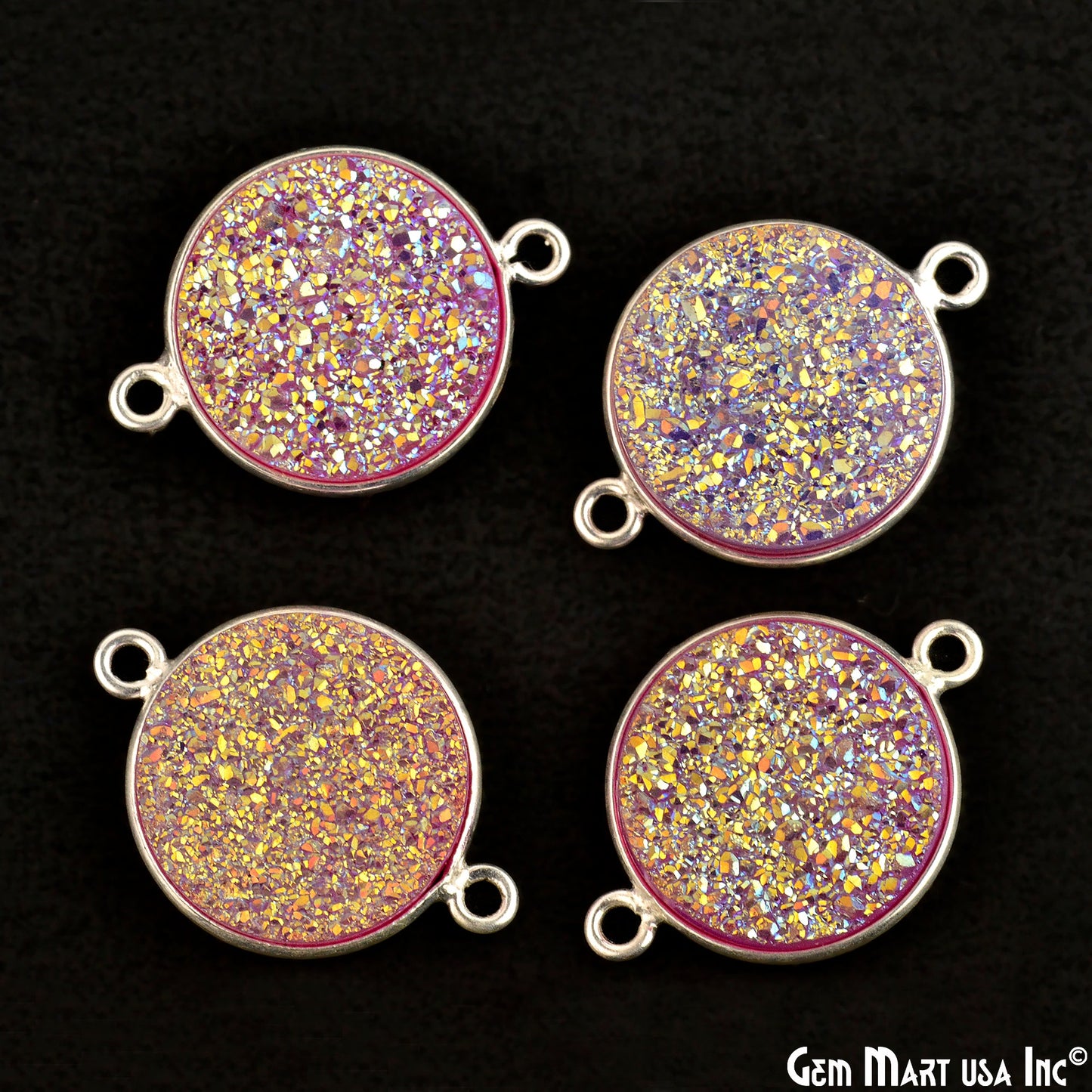 Natural Titanium Druzy 14mm Round Silver Double Bail Gemstone Connector