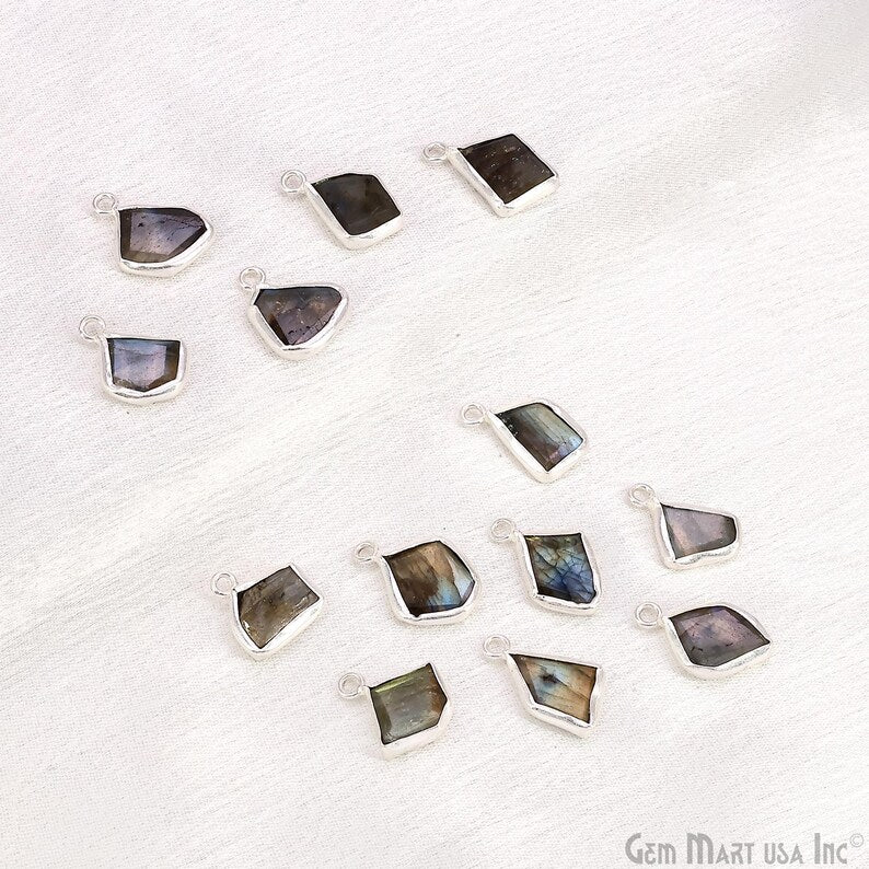 Labradorite Rough Gemstone 19x10mm Silver Plated Single Bail Charm Connector