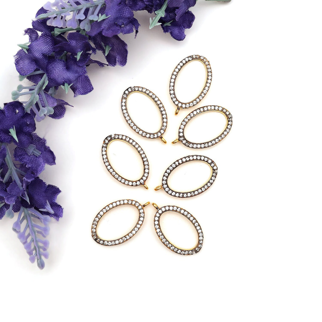 Cubic Zircon Pave 'Oval' Gold Vermeil Charm For Bracelet & Pendants