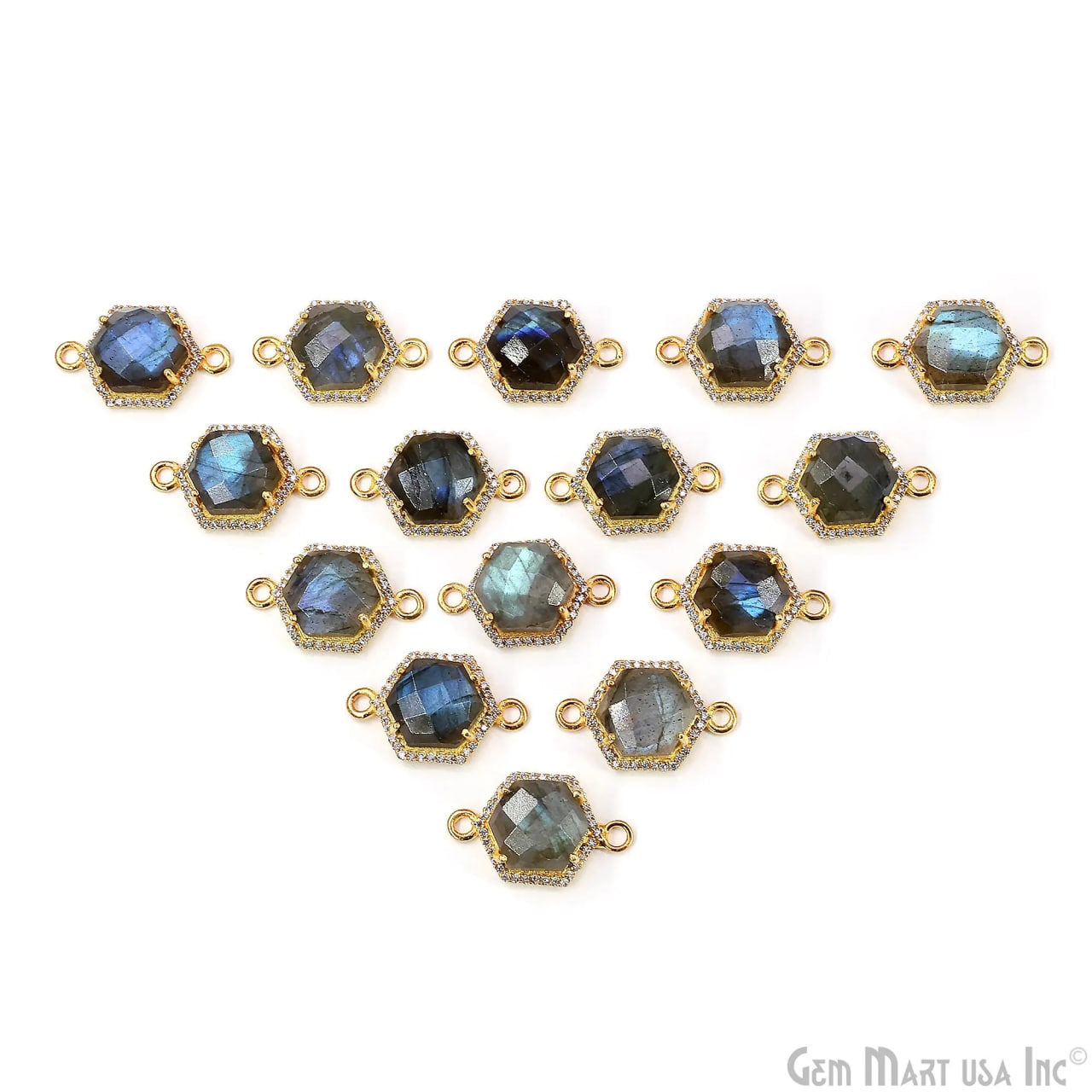 Labradorite Hexagon CZ Pave 17x25mm Gold Plated Prong Setting Gemstone Connector