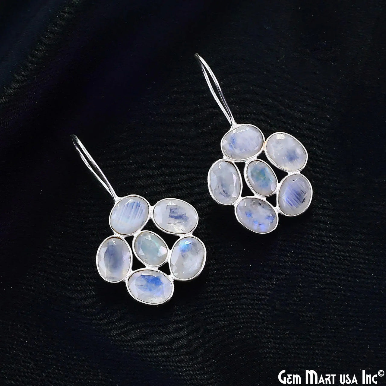 Rainbow Moonstone Drop Earrings 35x21mm Oval Cluster, Sterling Silver Dangle Jewelry