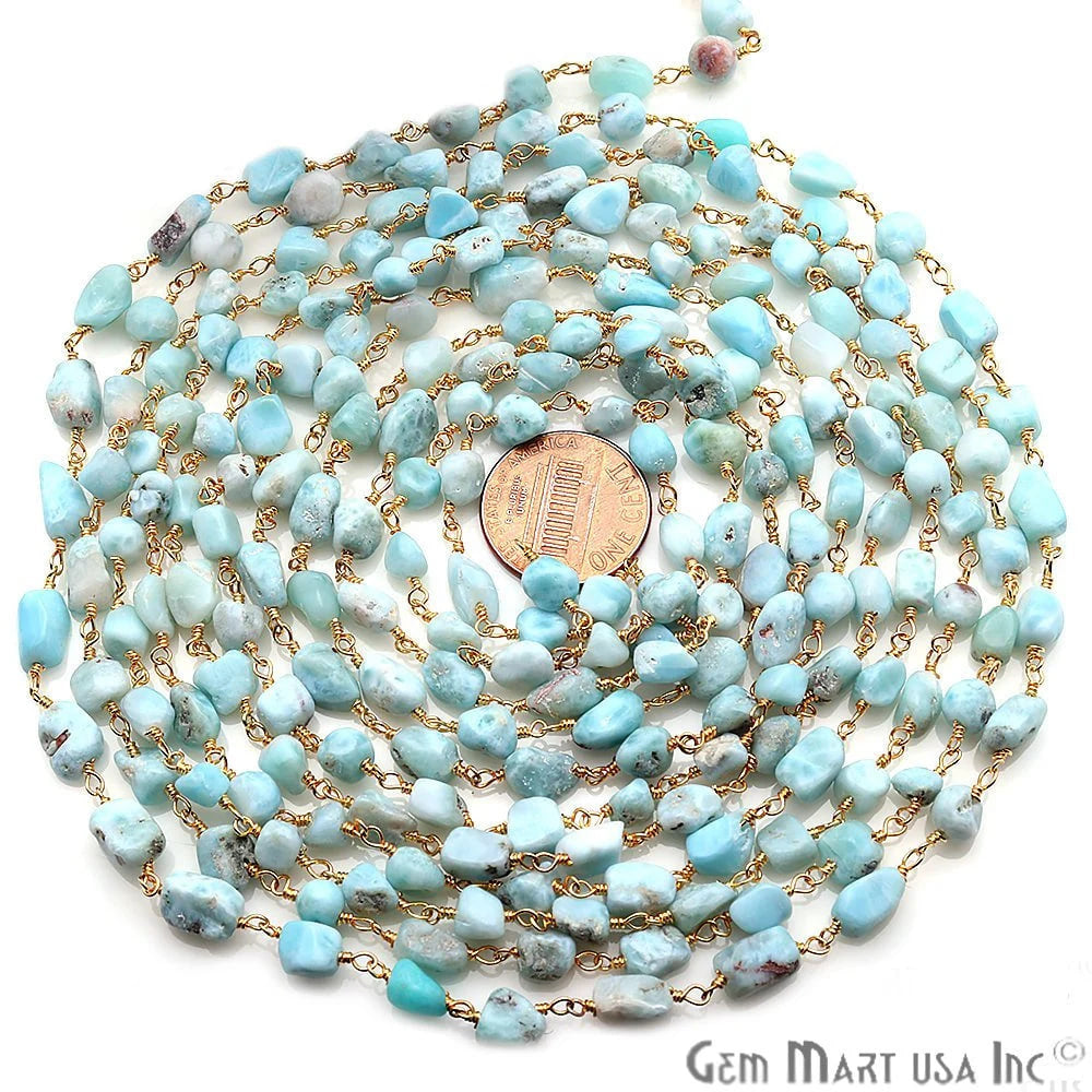 Amazonite 6x4mm Organic Shape Gold Wire Wrapped Rosary Chain