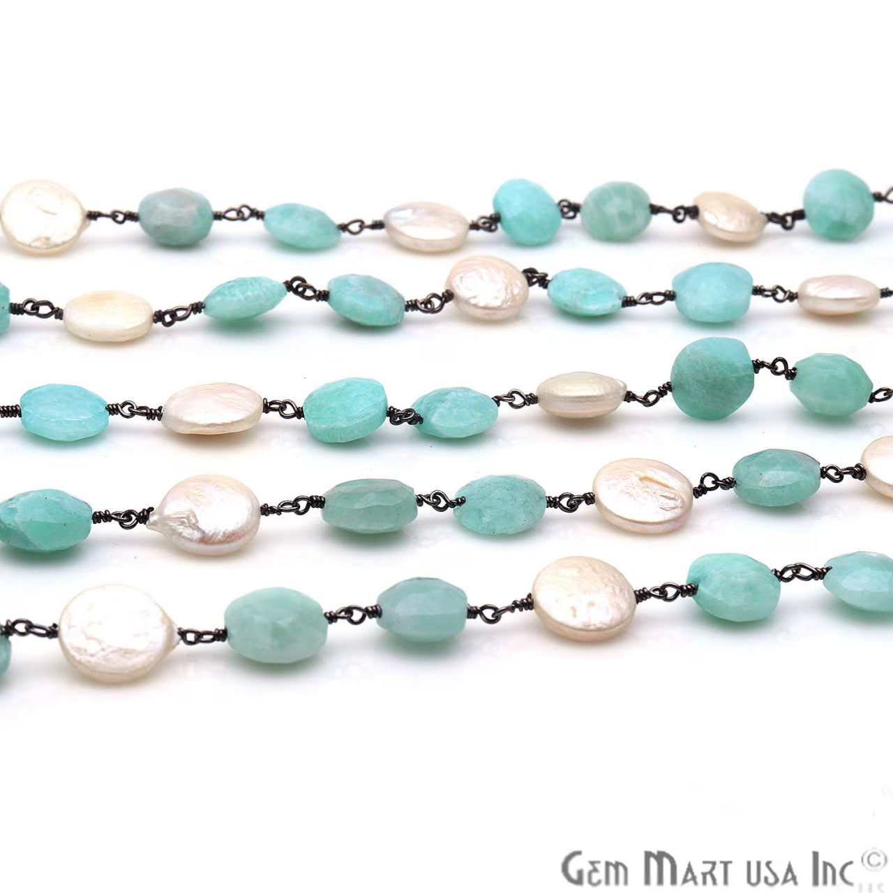 Amazonite & Freshwater Pearl Round Rough Beads Black Plated Rosary Chain