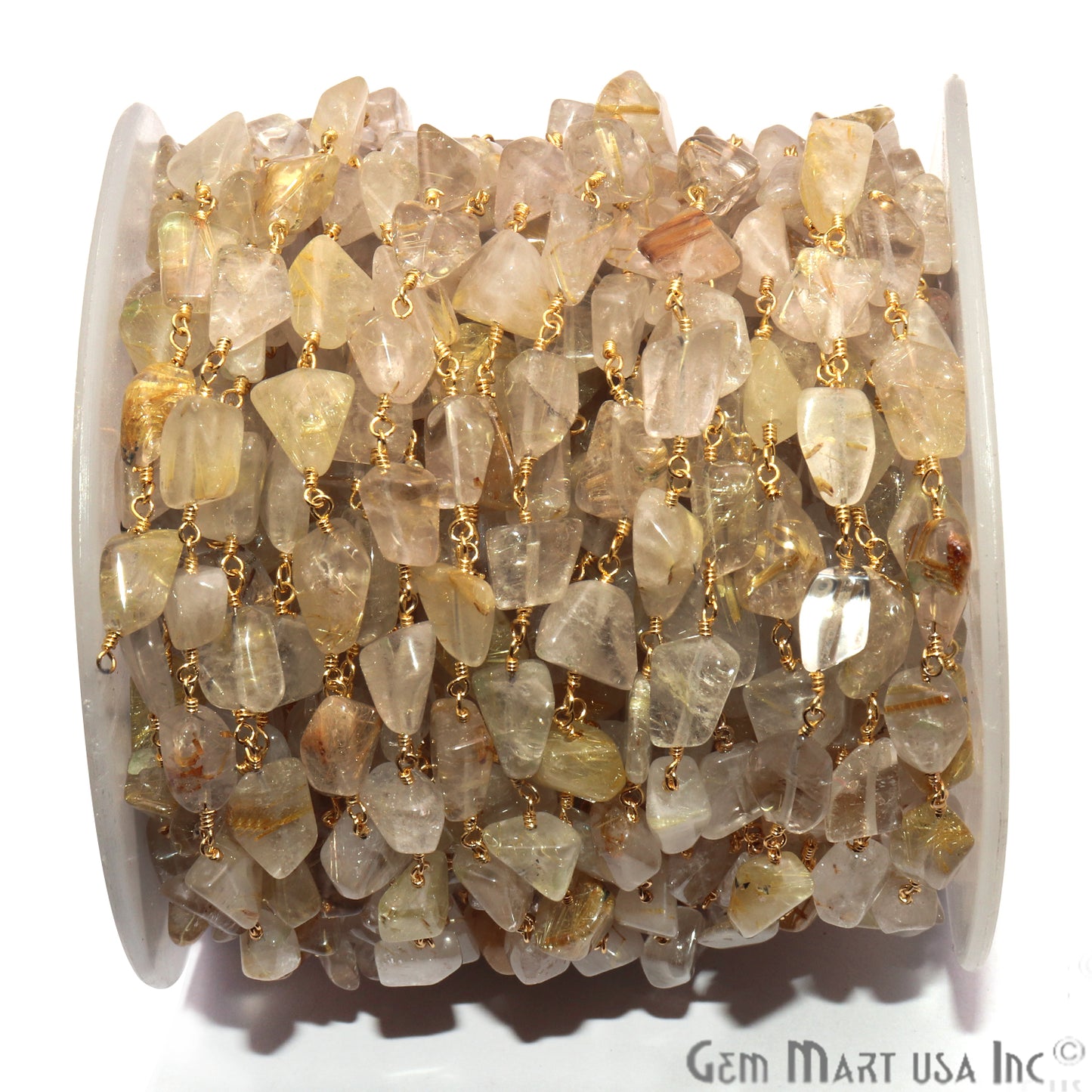 Golden Rutile Smooth Tumble Gold Wire Wrap Rough Bead Rosary Chain - GemmartUSA