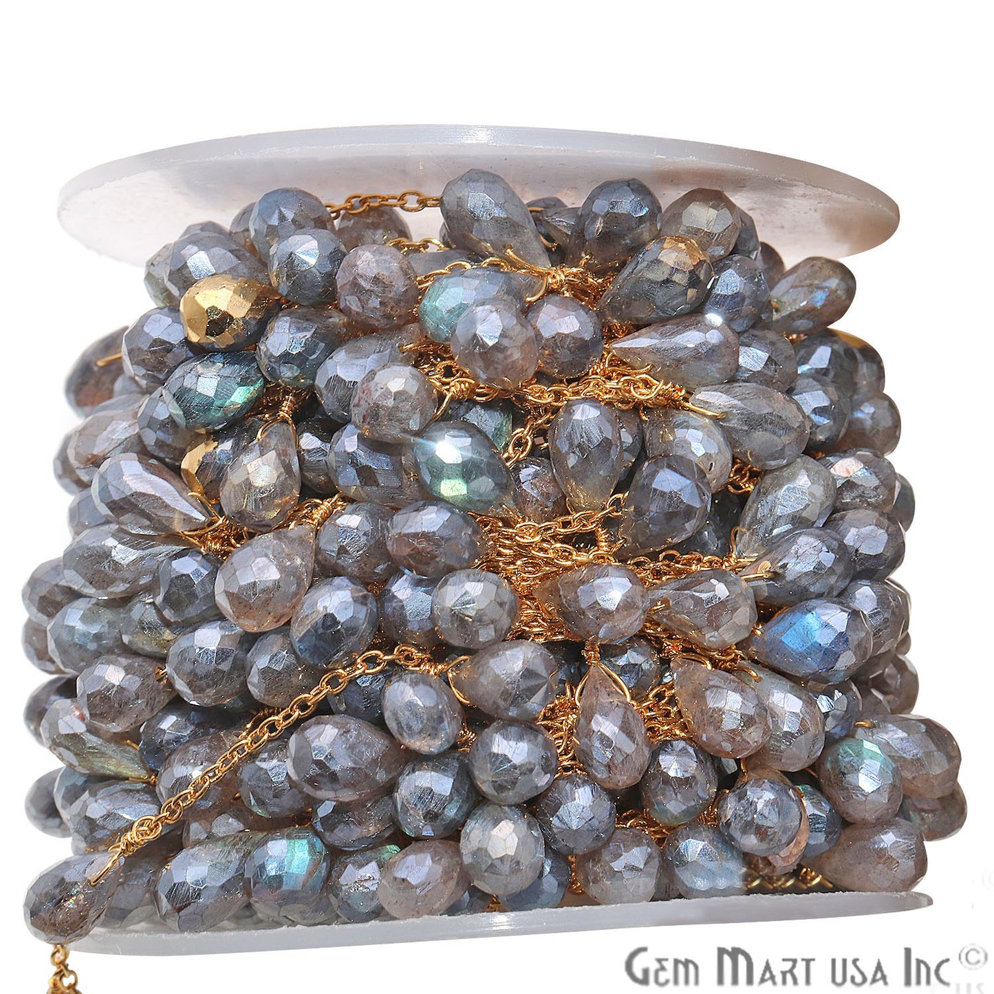 Mystic Labradorite Beaded Gold Wire Wrapped Dangle Rosary Chain - GemmartUSA
