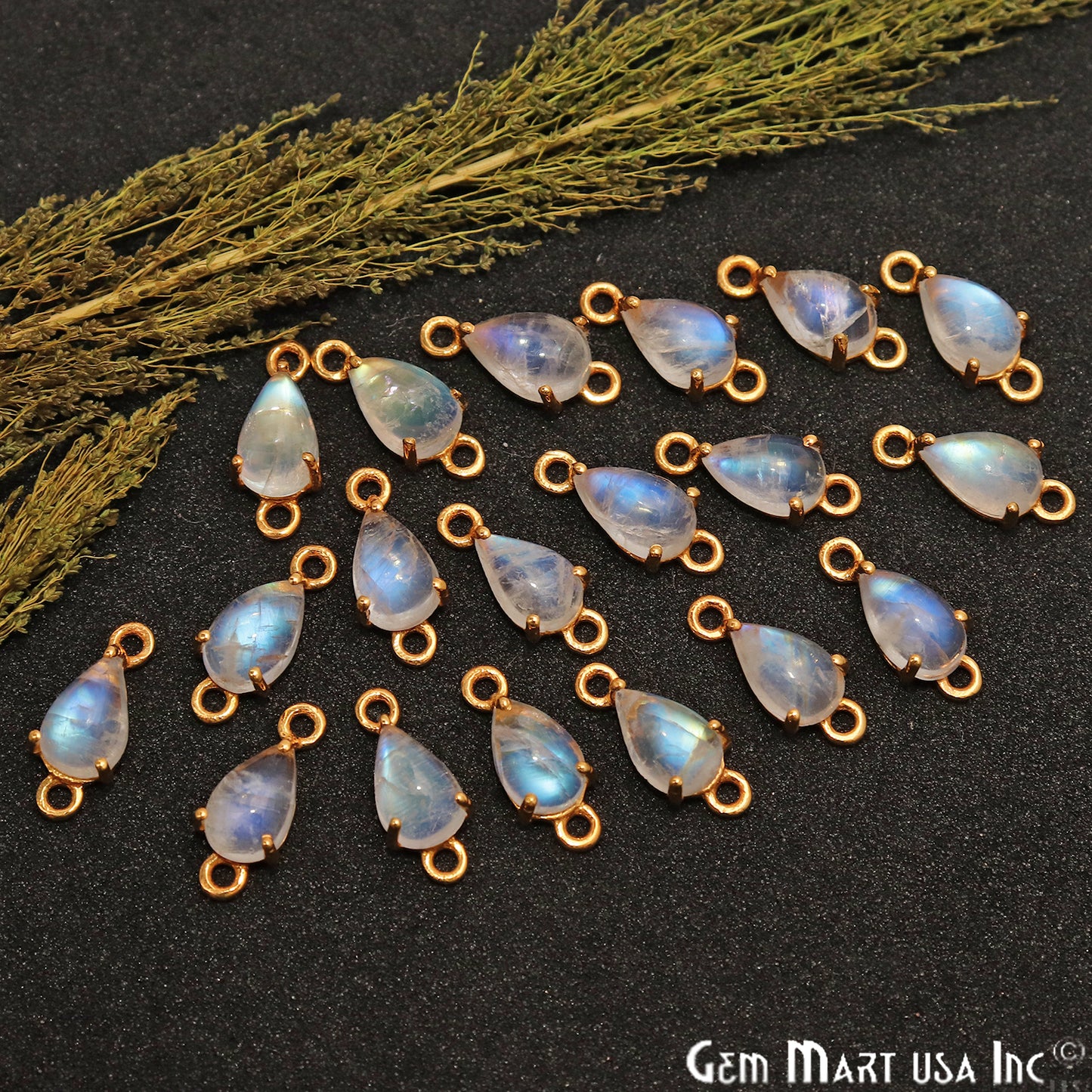 Rainbow Moonstone Cabochon Pears Prong Gold Plated Bail Connector - GemMartUSA