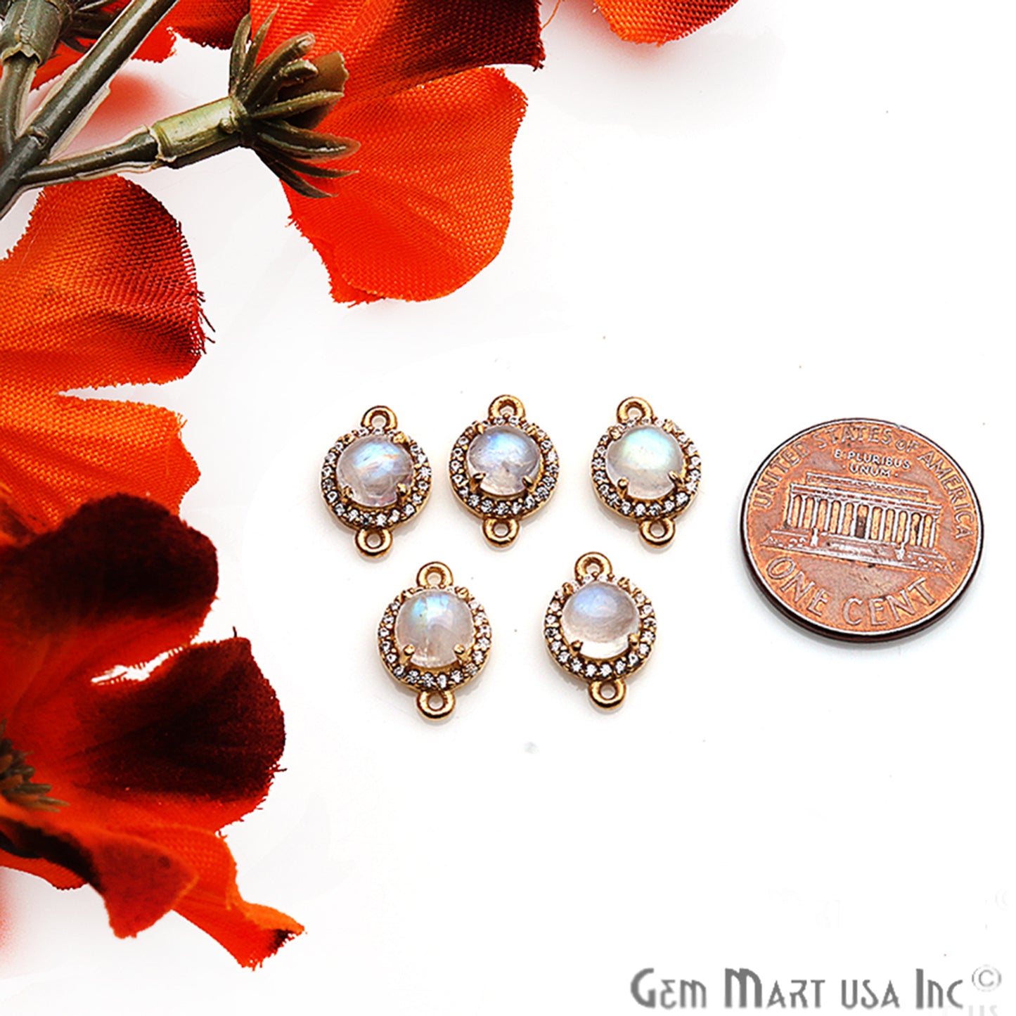 Rainbow Moonstone Cabochon & Cubic Zirconia 6mm Round Gold Plated Double Bail Connector - GemMartUSA