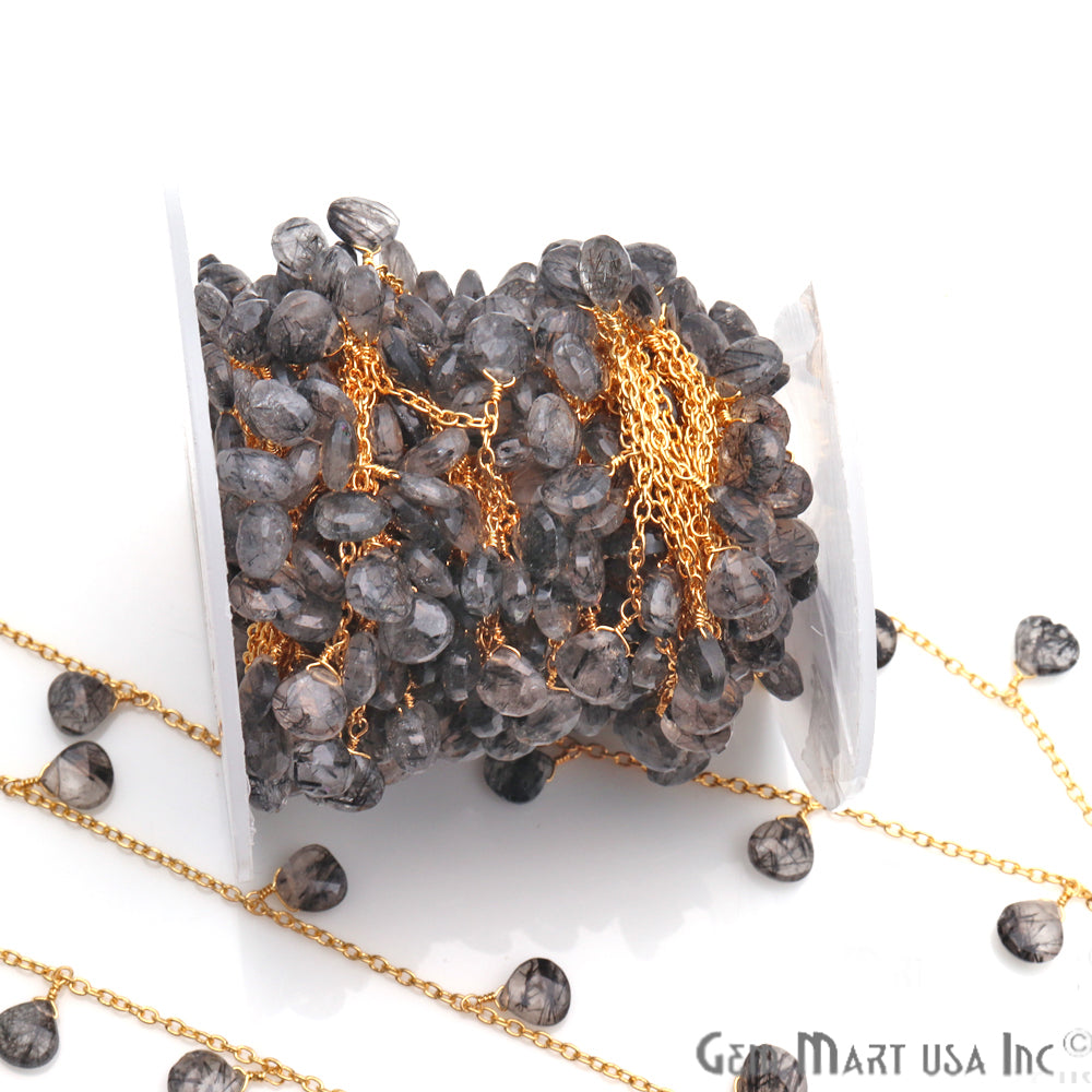 Black Rutilated Beaded Gold Wire Wrapped Dangle Rosary Chain - GemmartUSA