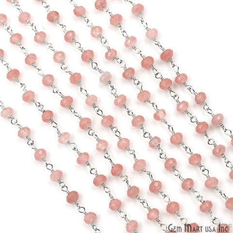 Pink Sunstone Jade Faceted Beads 4mm Silver Plated Gemstone Rosary Chain