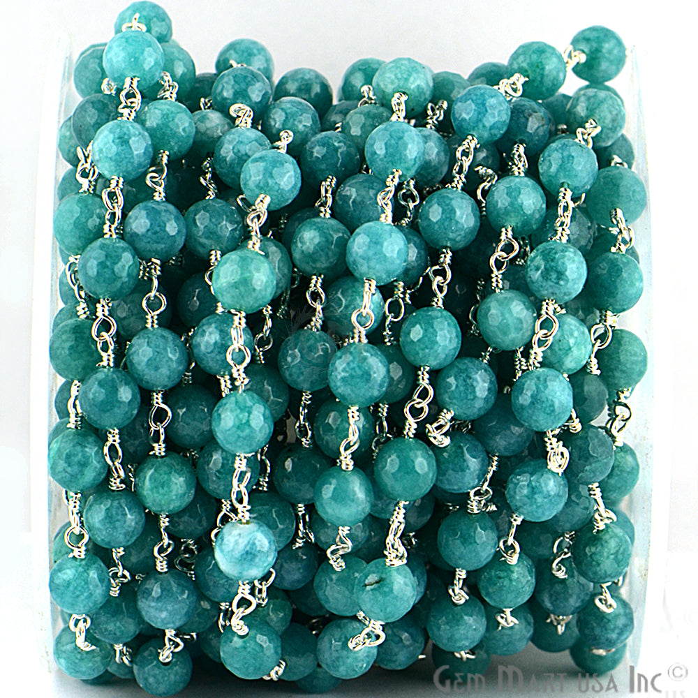 Turquise Green Jade Faceted Beads 8mm Silver Plated Wire Wrapped Rosary Chain - GemmartUSA