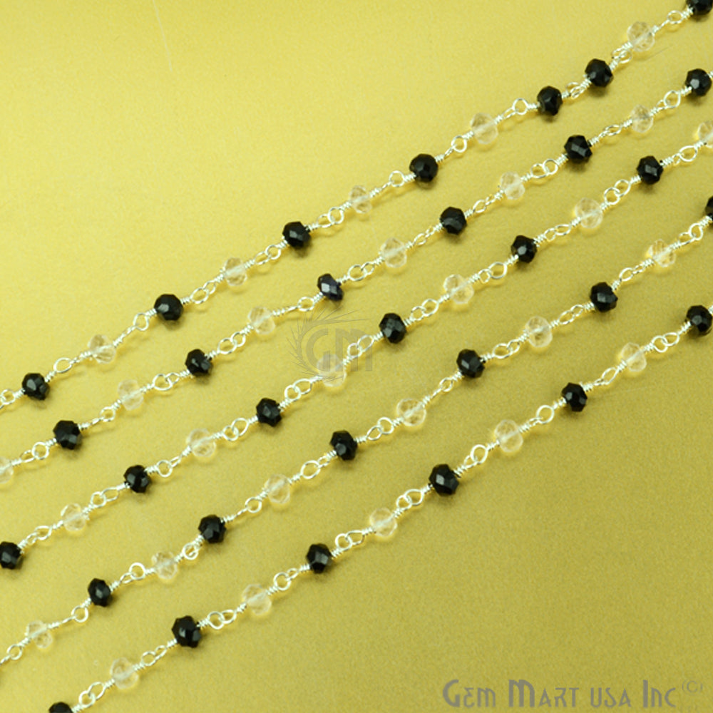 Black Spinel With Crystal Silver Plated Beads Rosary Chain
