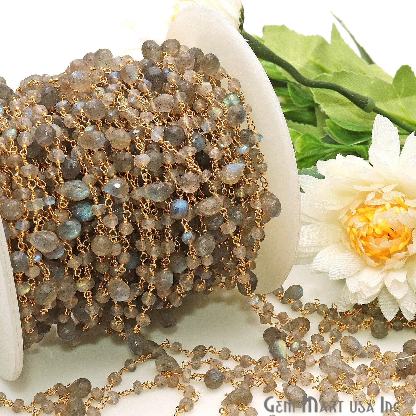 Labradorite Faceted Tear Drop Gold Wire Wrapped Cluster Rosary Chain - GemmartUSA